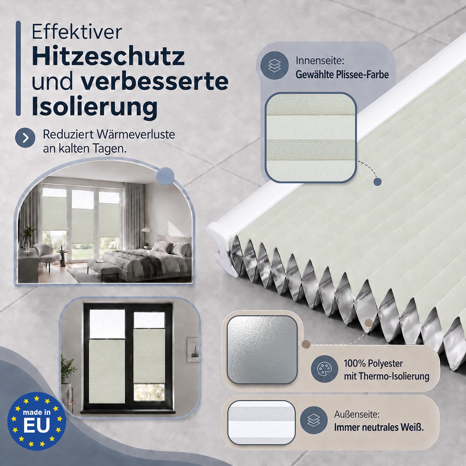 Rikmani Plissee Thermo Fensterplissee ohne Bohren, Naturweiß, 40x110, verdunkelnd, Klemmfix, Langlebige Premium-Qualität, Thermo Plissee
