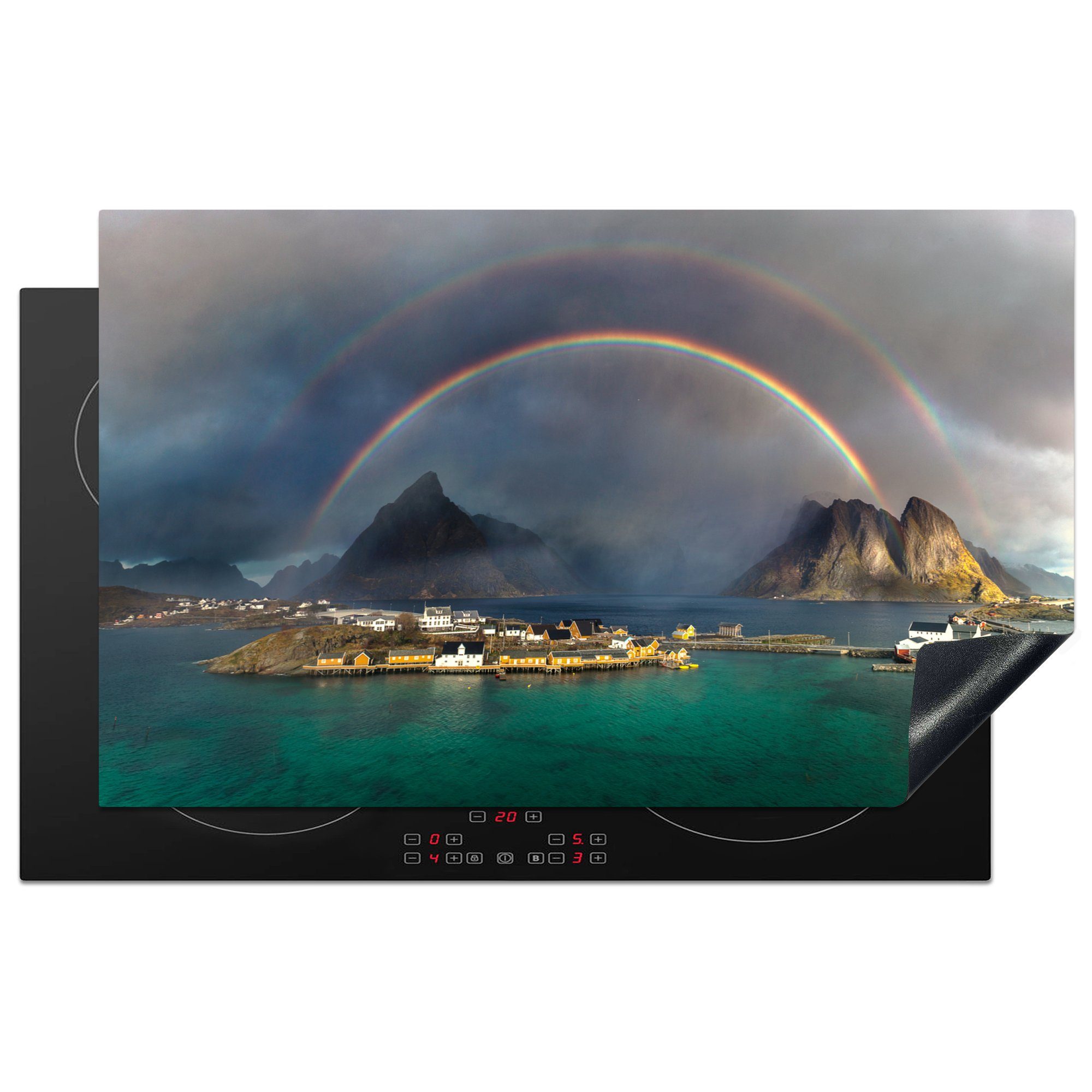 MuchoWow Herdblende-/Abdeckplatte Doppelter Regenbogen über der norwegischen Küste, Vinyl, (1 tlg), 83x51 cm, Ceranfeldabdeckung, Arbeitsplatte für küche