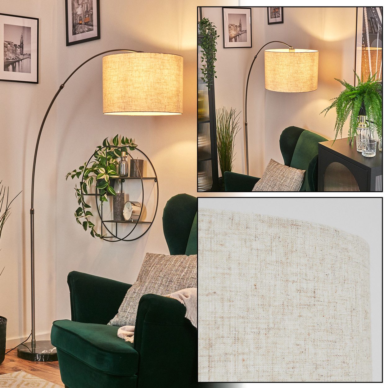 hofstein Bogenlampe Stehlampe mit Marmorfuß aus Metall/Stoff in Nickel/Schwarz/Beige/Weiß, verstellbare Stehleuchte im modernen Design, Ø 25 cm, Fußschalter, E27