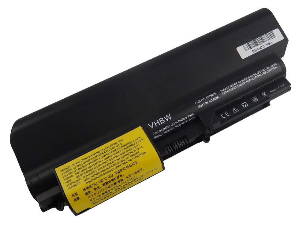 vhbw Akku Ersatz für IBM 42T5262, 42T5263, ASM 42T5225, ASM 42T5265, Laptop-Akku Akku Li-Ion 6600 mAh (10,8 V, 1 St), Leistungsfähiger Austausch-Akku für Notebook, Wiederaufladbar, Jede