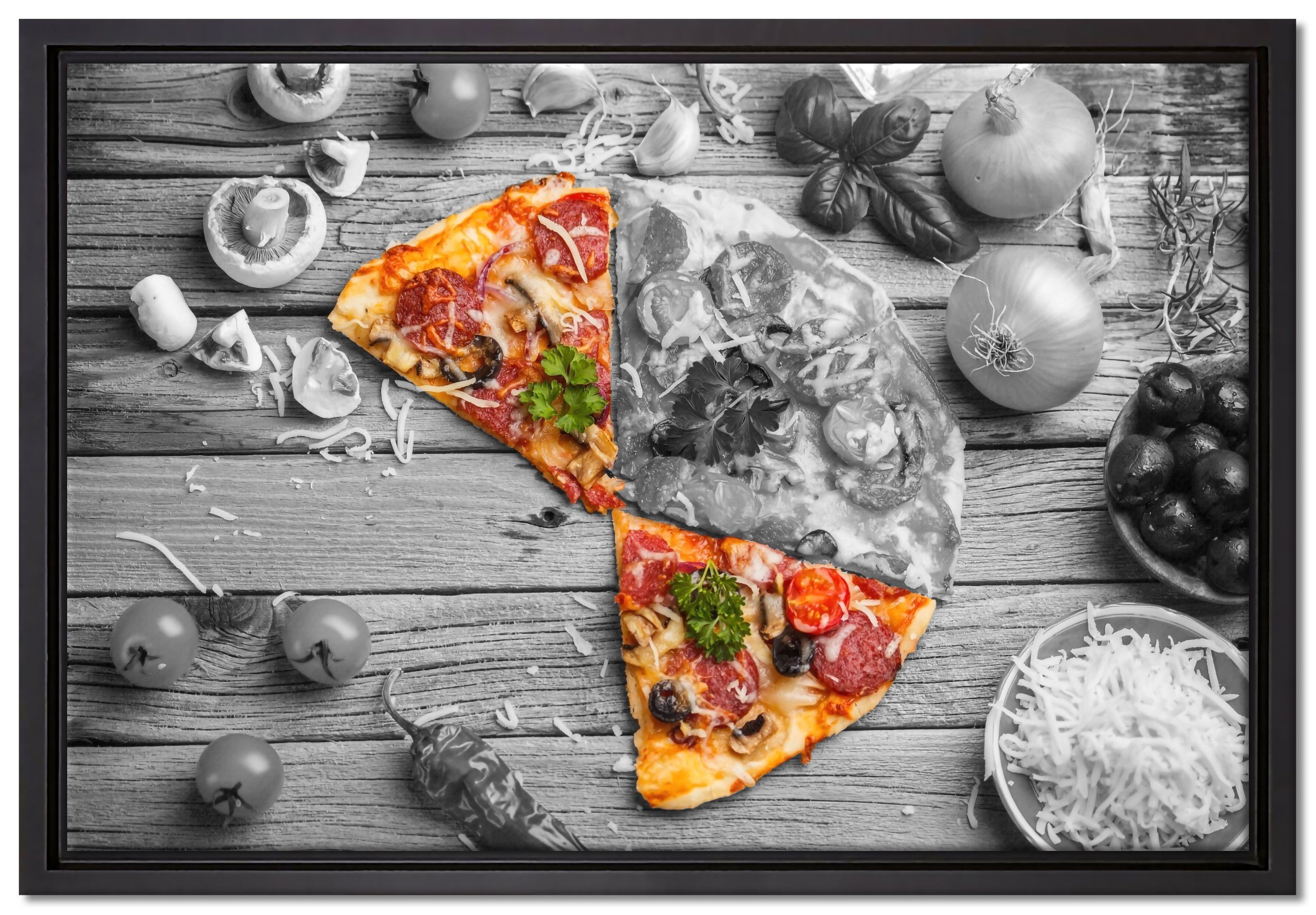 St), (1 in inkl. bespannt, Pizza auf Wanddekoration Zackenaufhänger Leinwandbild Holztisch, fertig einem Leinwandbild Pixxprint gefasst, Schattenfugen-Bilderrahmen