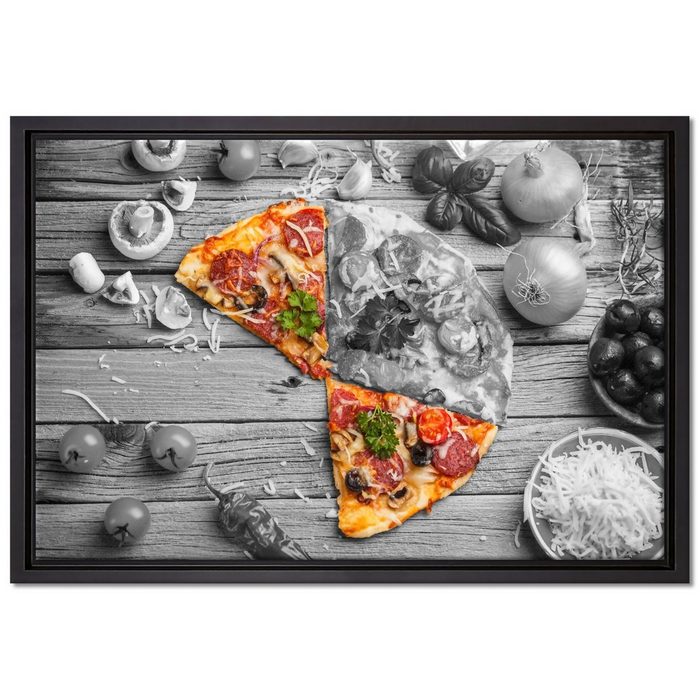 Pixxprint Leinwandbild Pizza auf Holztisch Wanddekoration (1 St) Leinwandbild fertig bespannt in einem Schattenfugen-Bilderrahmen gefasst inkl. Zackenaufhänger