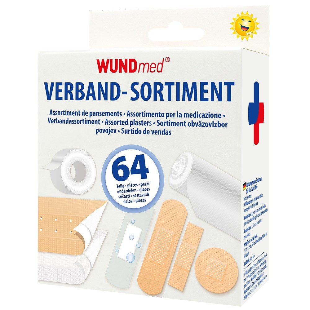 Wundmed Wundpflaster 64-teiliges Verband-Sortiment Pflaster-Set Erste Hilfe, wasserfest atmungsaktiv zuschneidbar einzeln verpackt