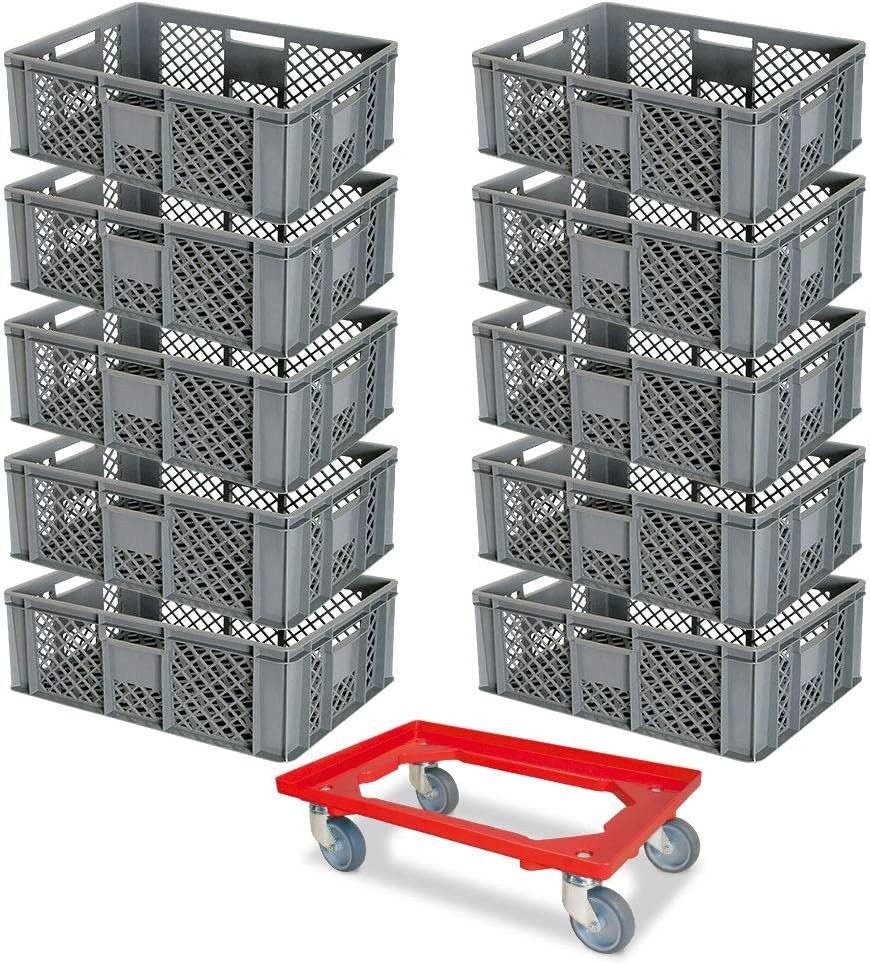 BRB-Lagertechnik Stapelbox 10x Eurobehälter/Bäckerkiste, LxBxH 600x400x240 mm + Transportroller, Stoßfest, robust und formstabil