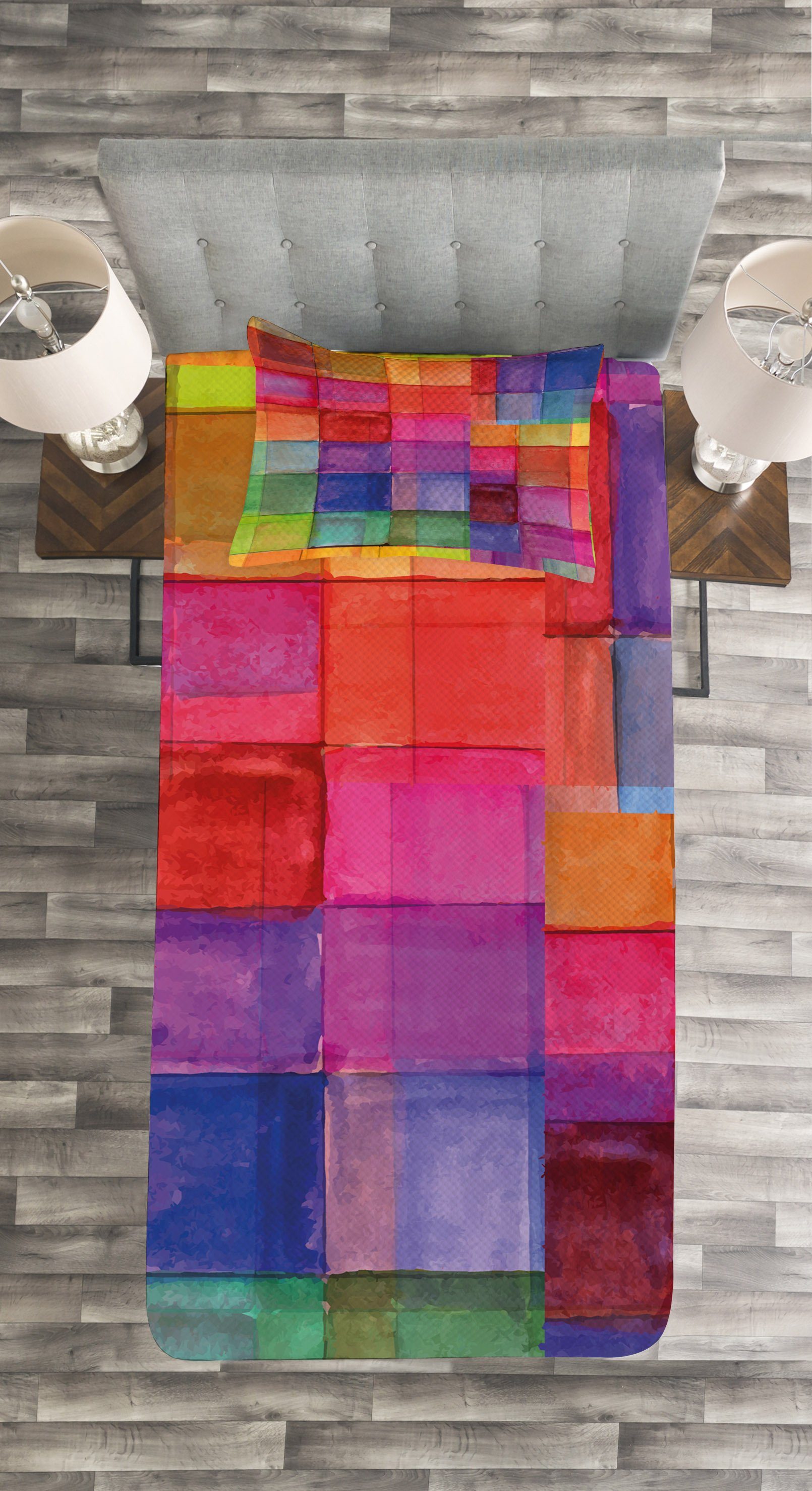 Tagesdecke Set mit Abstrakt Waschbar, Regenbogen-Farben-Quadrate Kissenbezügen Abakuhaus