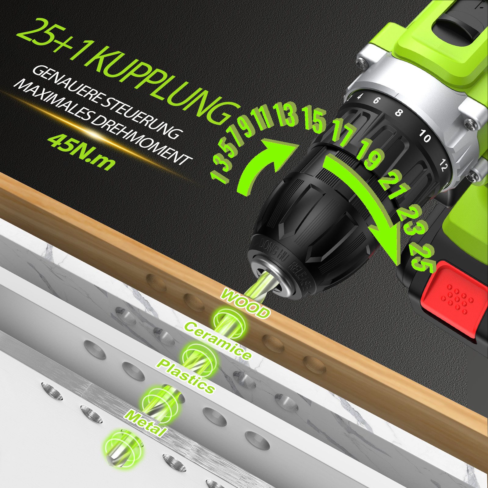 CONENTOOL Akku-Bohrschrauber Akkuschrauber Set, 2 Geschwindigkeiten, max. 1850 U/min, (Set, 36-tlg), mit 2×2000mAh Akkus, Akku Werkzeug: Leicht & Stark