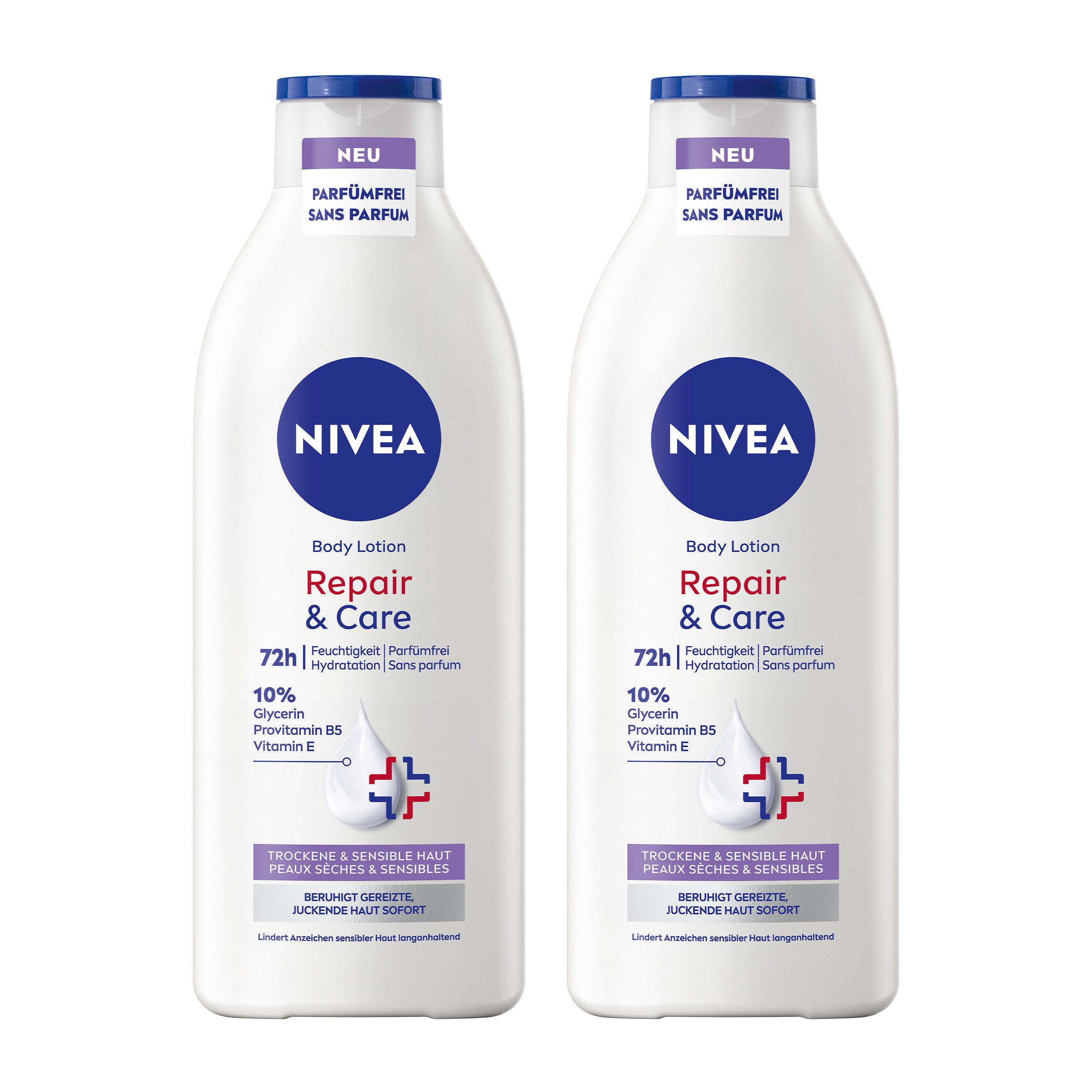 Nivea Körperlotion Repair & Care Body Lotion Parfümfrei 2 x 400ml, 2-tlg., Komplex aus 10% Glycerin, Provitamin B5 und Vitamin E
