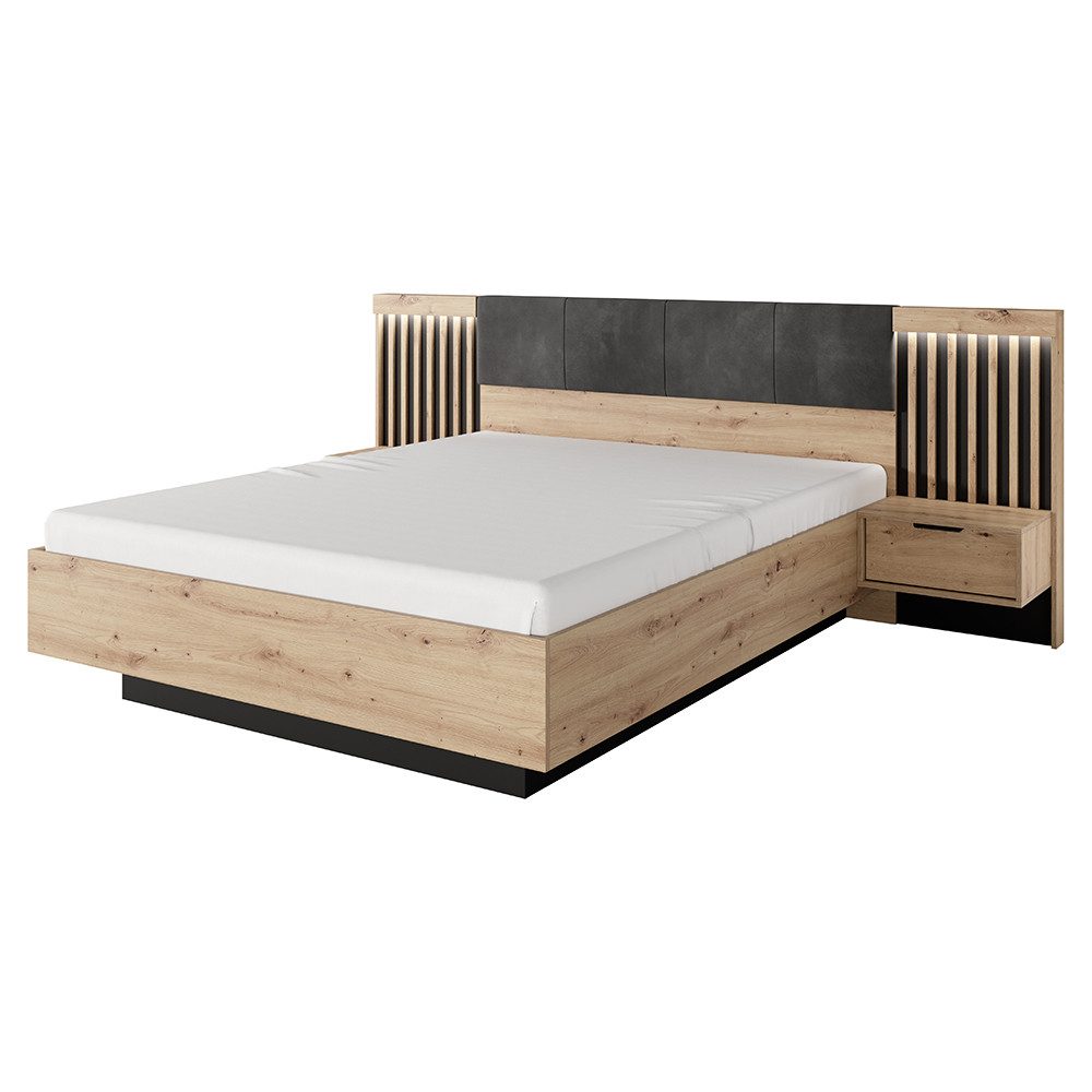 Lomadox Schlafzimmer-Set TALCA-167, (Spar-Set, 3-tlg., Bettgestell Lattenrost Nachtkommoden Beleuchtung), Eiche Dekor 160x200 cm Kopfteil gepolstert Lattenrost LED Beleuchtung
