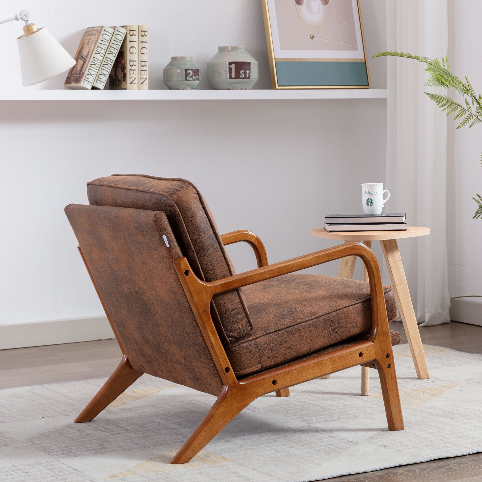Moderne Armlehnstuhl Lounge Stuhl Celya Stuhl Akzent Holzrahmensessel, Wohnzimmer für Braun