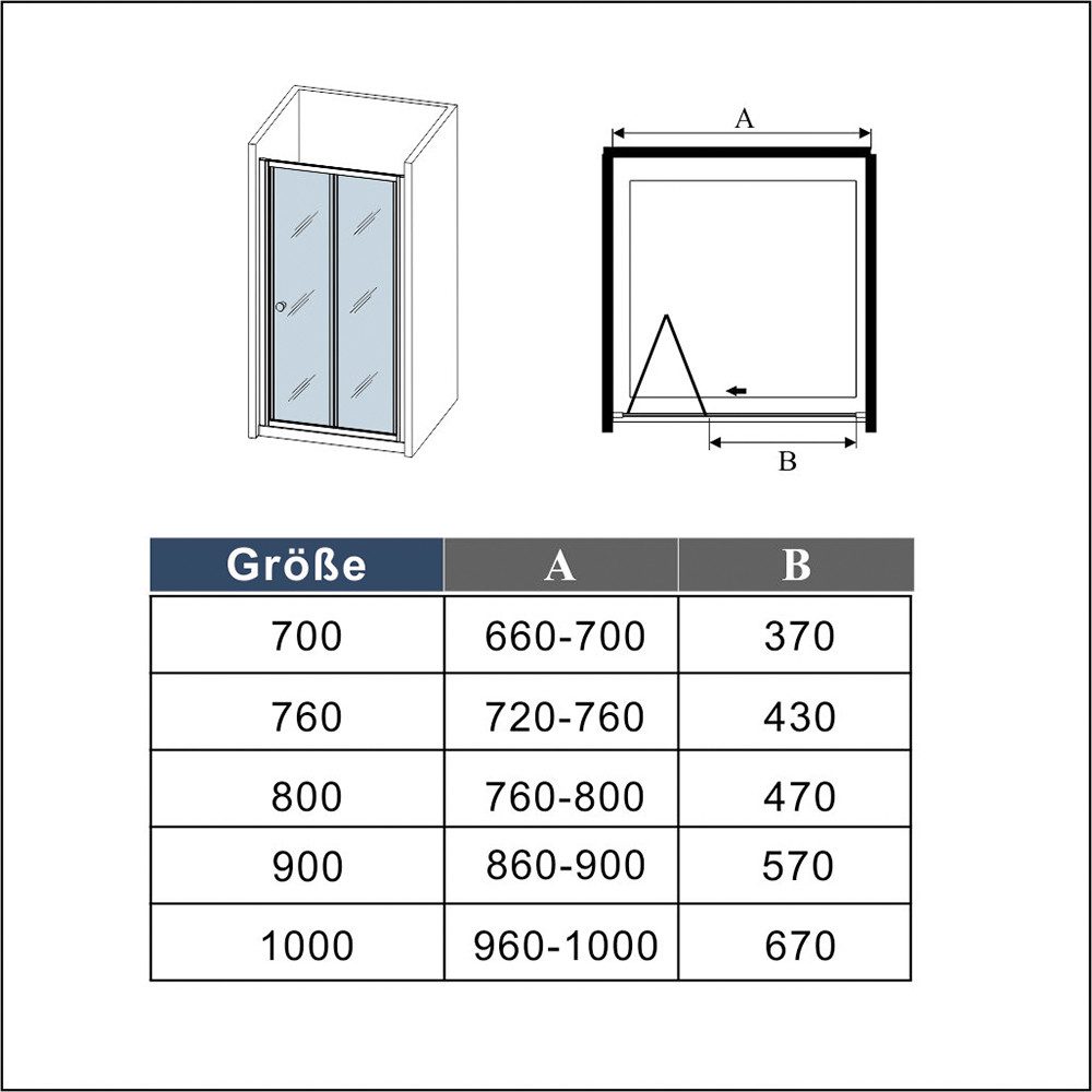 AICA Dusch-Falttür 5mm Sicherheitsglas Duschkabine Falttür Duschtür Duschabtrennung, 76x185 cm, Einscheibensicherheitsglas ,Sicherheitsglas 