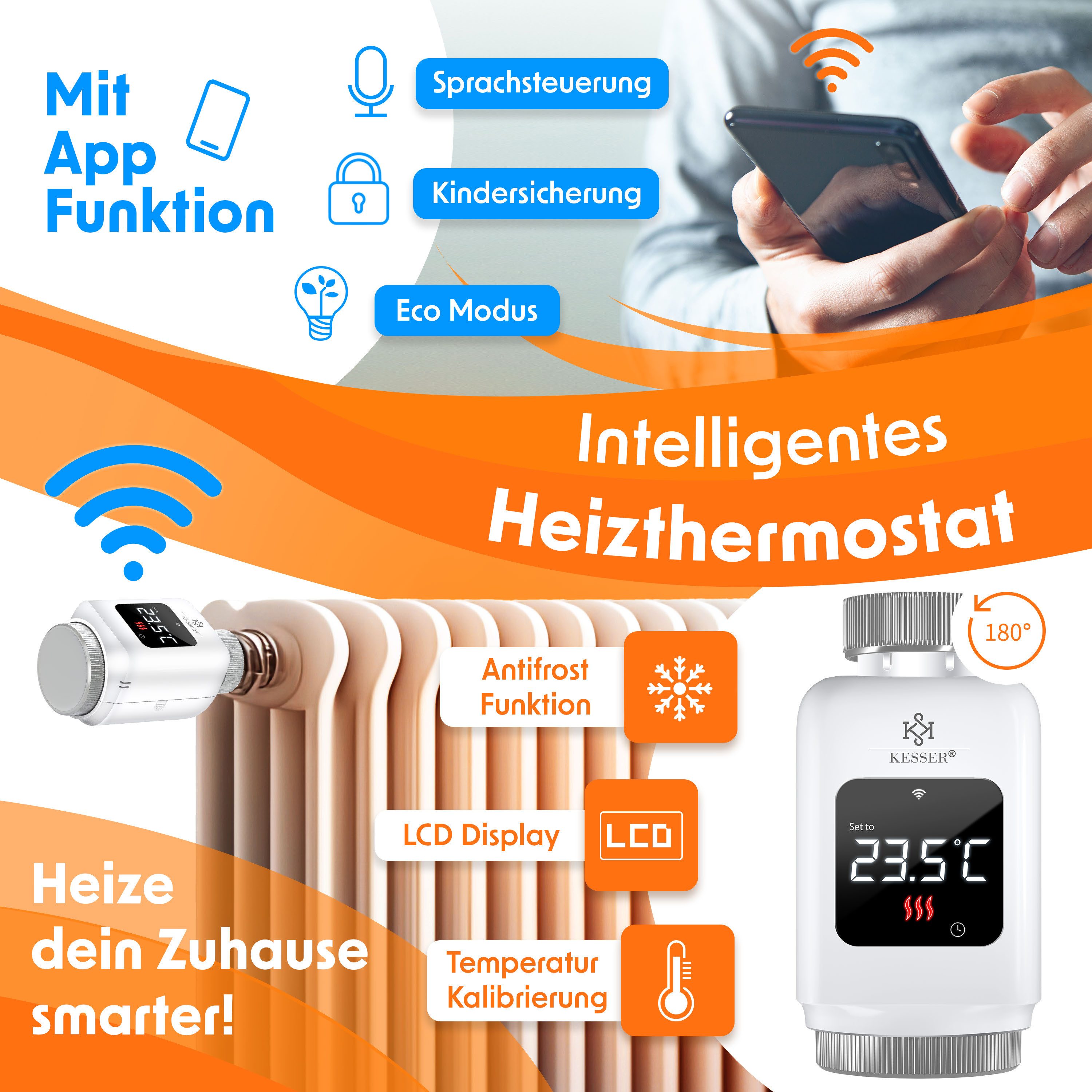 KESSER Heizkörperthermostat, Heizungsregler Smart Home Heizungssteuerung mit WLAN & APP Steuerung