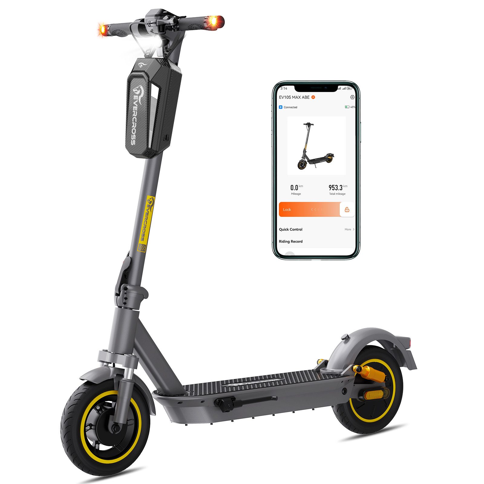 EVERCROSS TECH E-Scooter mit Straßenzulassung (ABE), 10" Runflat Reifen, Blinker, mit APP, 15,6AH Akku, 80KM, Handtasche, LED-Display