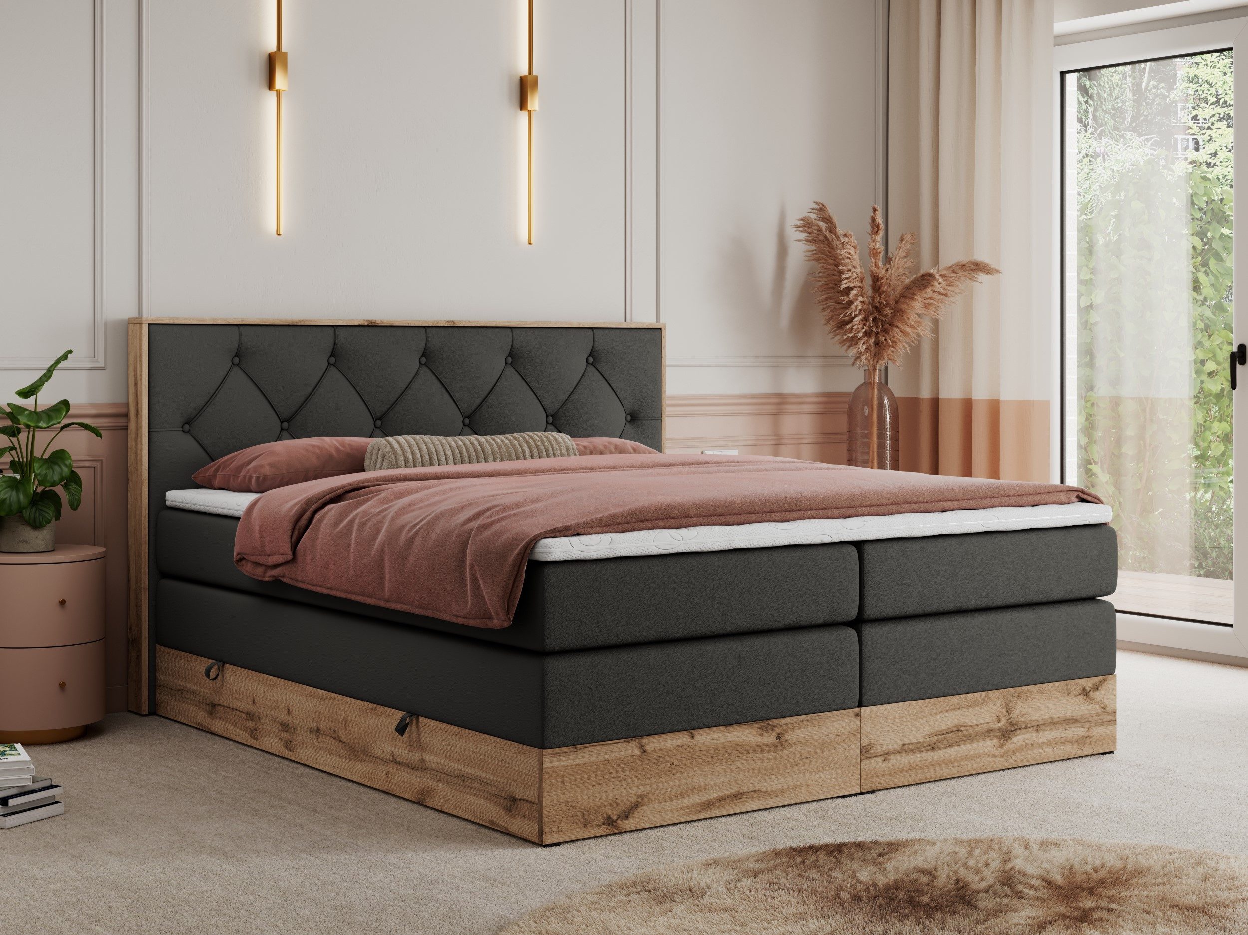 MKS MÖBEL Boxspringbett VENETO KING (Doppelbett, Multipocket-Matratzen, Topper T25/Visco, T30-Schaum), zwei Bettkästen und Rahmen in Eichen-Optik, Schlafzimmer, Polsterbett