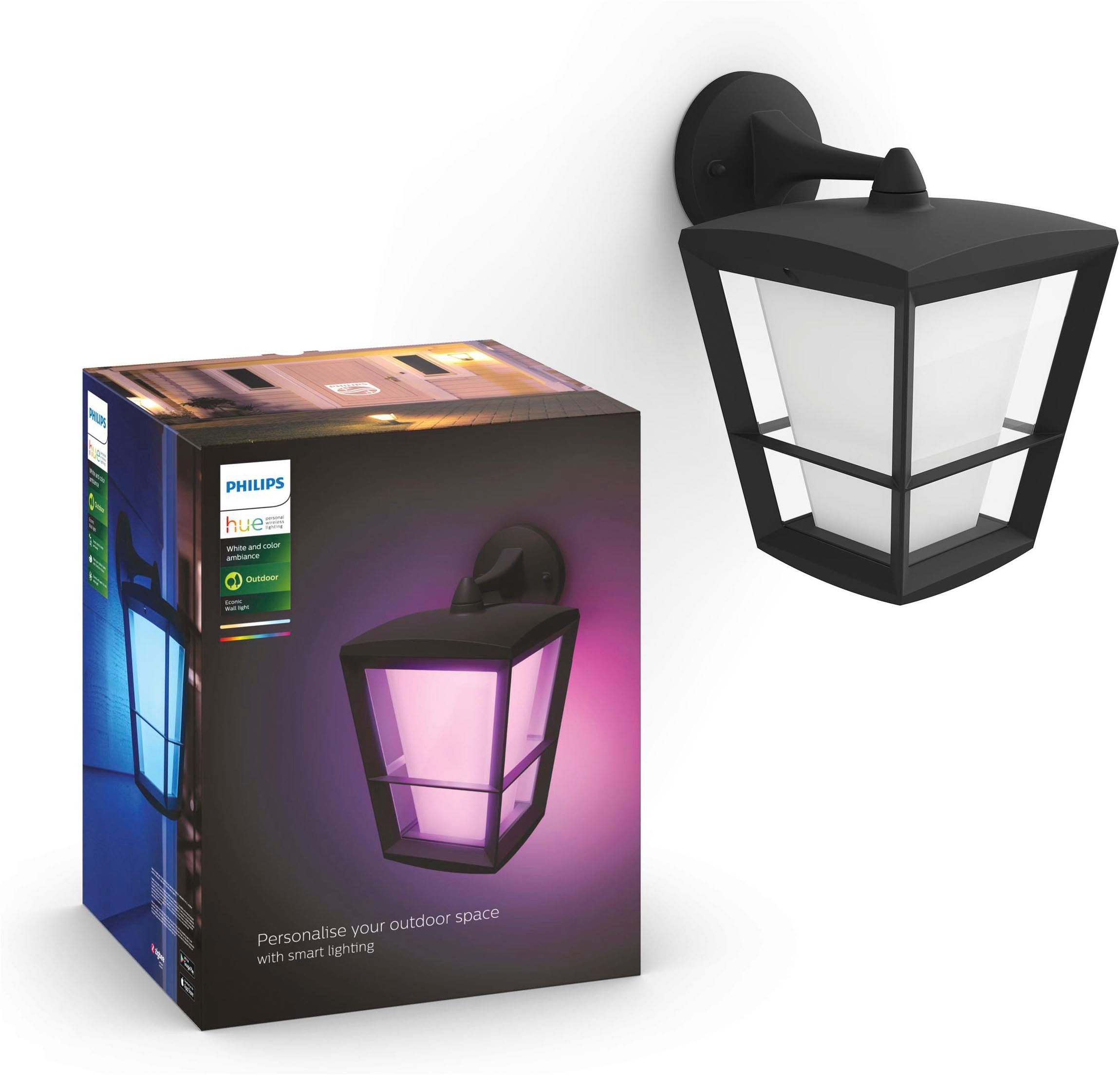 Philips Hue LED Außen-Wandleuchte Outdoor White & Color Ambiance Econic hängend schwarz, Abschaltautomatik, Bluetooth, CCT - über Fernbedienung, Dimmfunktion, Einschlafhilfe, Farbsteuerung, Farbwechsel, Memory, nach Trennung vom Netz, Nachtlichtfunktion, RGB, Smart Home, Timerfunktion, Weckerfunktion, dimmbar über Fernbedienung, mehrere Helligkeitsstufen, LED fest integriert, Farbwechsler, RGB, warmweiß - kaltweiß, Steuerbar per App und Stimme, Smart Home fähig, Farbfähig und Weißtöne