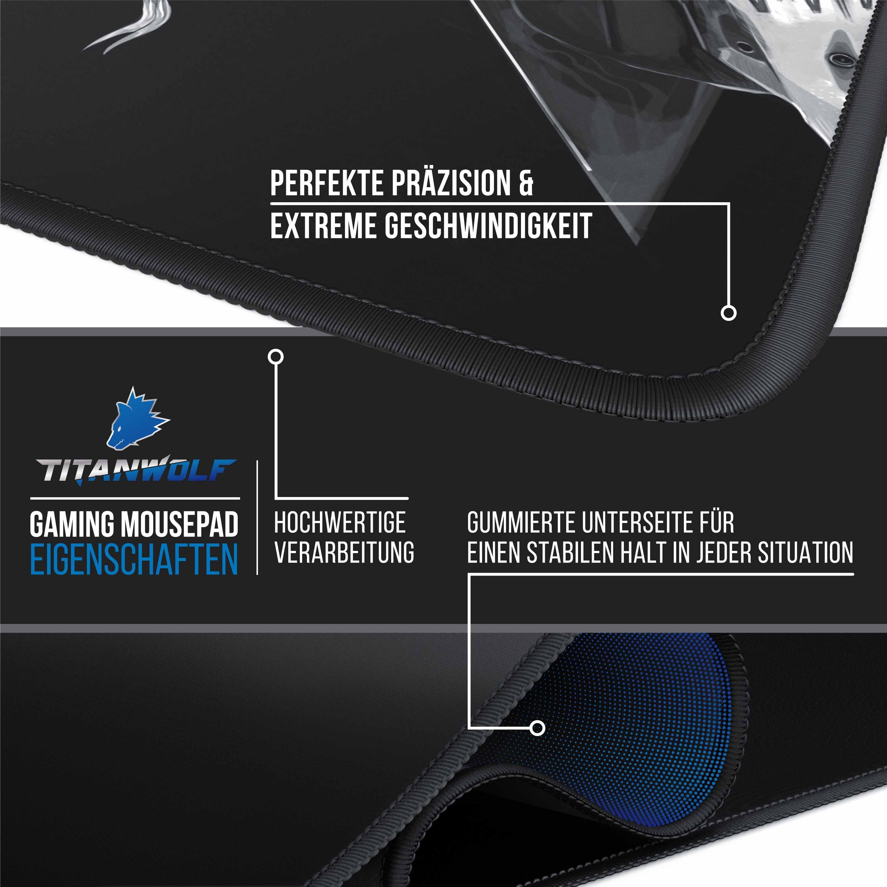 Titanwolf Gaming Mauspad XXL Speed Mousepad 900 x 400 x 3 mm, große Tischunterlage, rutschfest, abwaschbar, Geschwindigkeit & Präzision, Wolf Skull