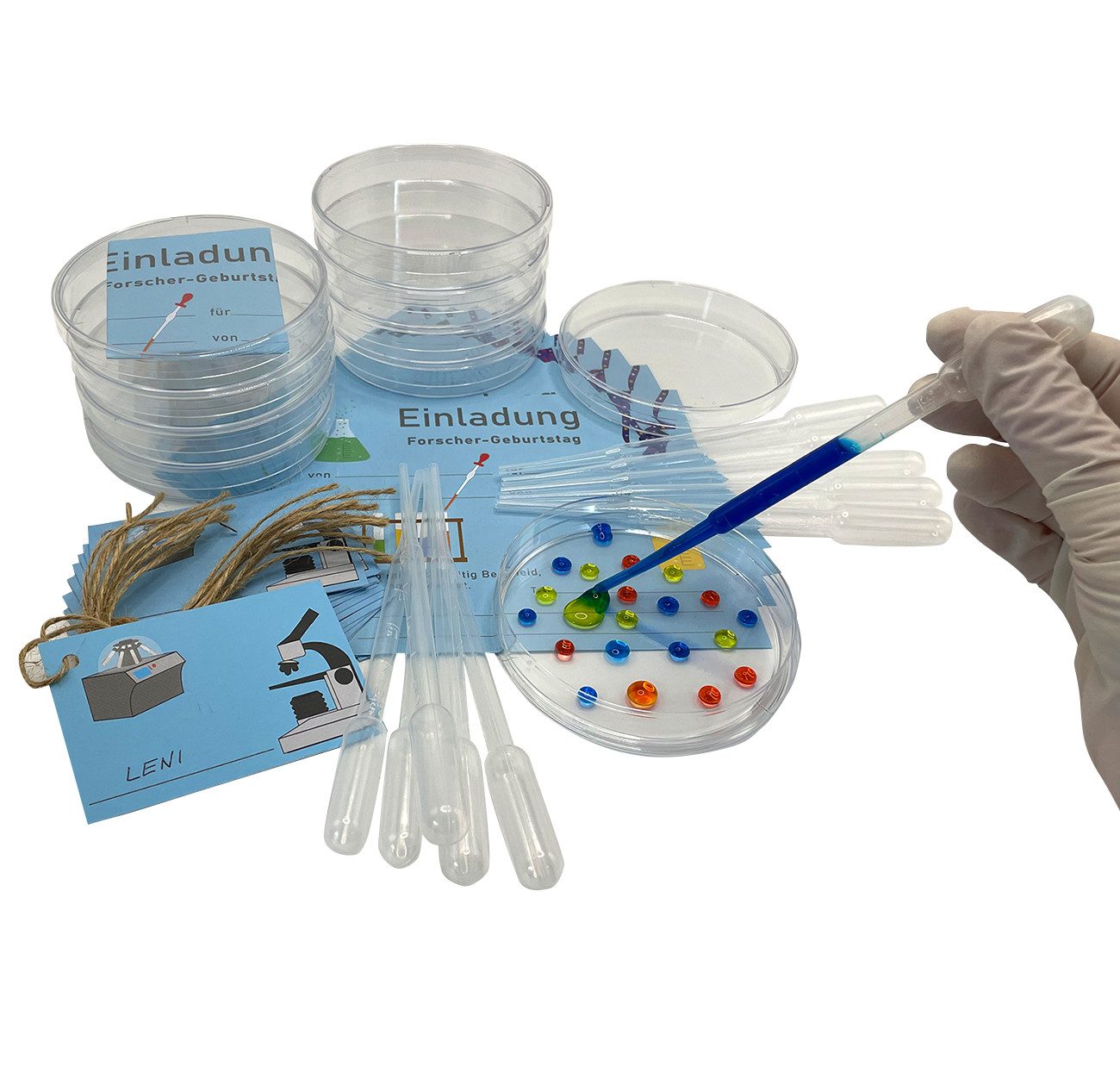 myExperimentSet Einladungskarten und Farb-Experiment in der Petrischale für Forscher-Kindergeburtstage, 10 Stück - eine besondere Einladung