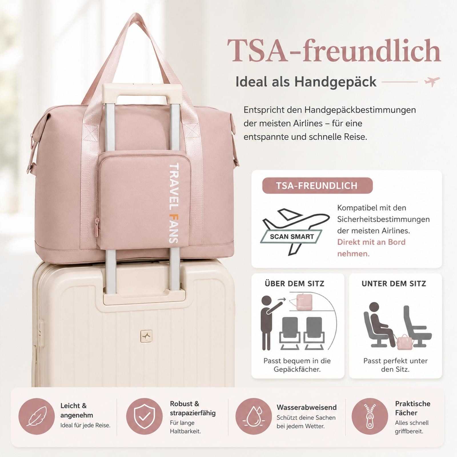 VERCO Reisetasche faltbar mit Trolley Schlaufe und Frontfach (1-tlg), Faltbare Handgepäcktasche für Reisen mit Kofferhalterung
