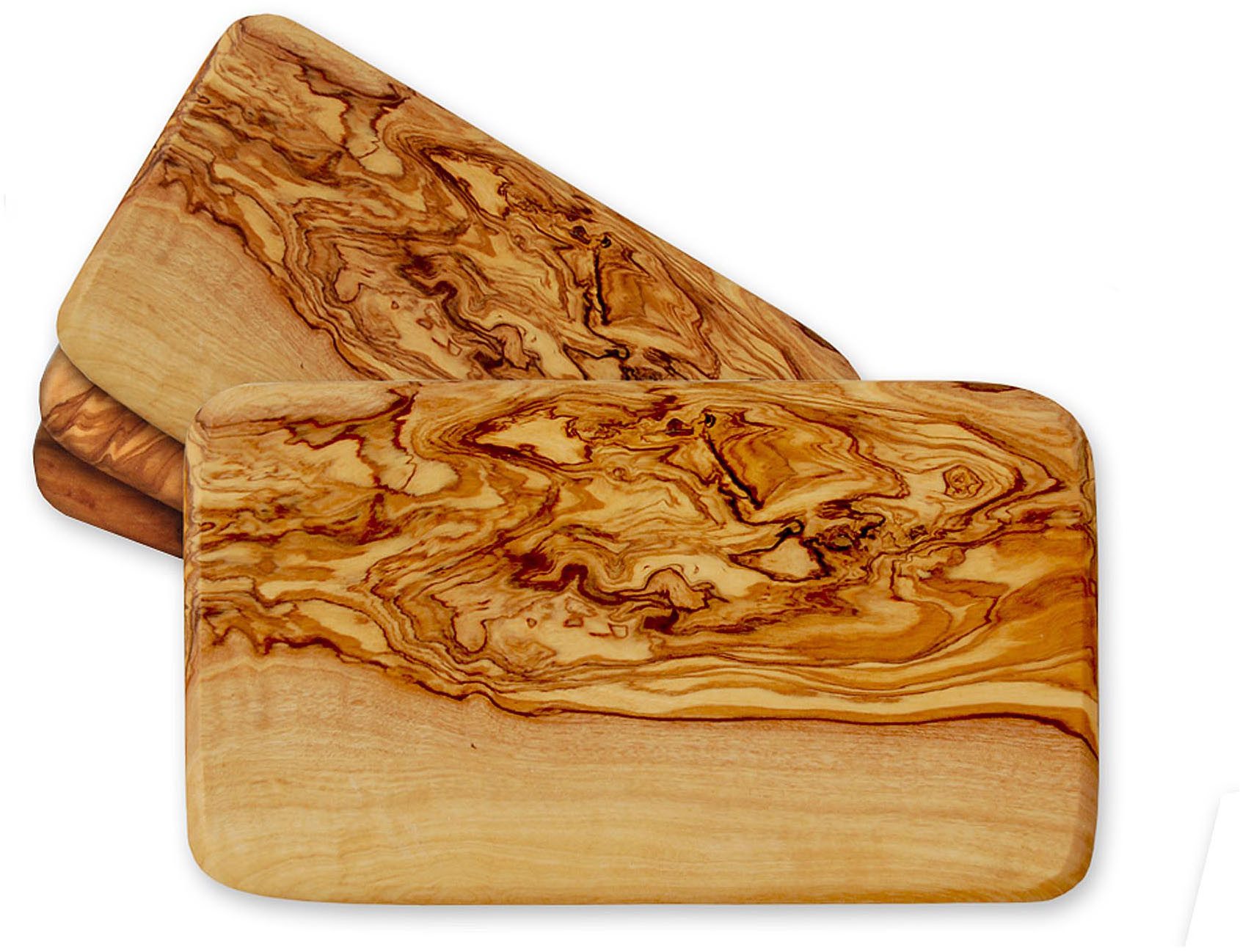 Olivenholz-erleben Frühstücksbrett mit abgerundeten Ecken aus hochwertigem naturbelassenem Olivenholz, Massivholz, (Set, 4-St., 4x Frühstücksbrett runde Kanten), Mediterraner Look, abgerundete Ecken, je Gr. 22x14 cm
