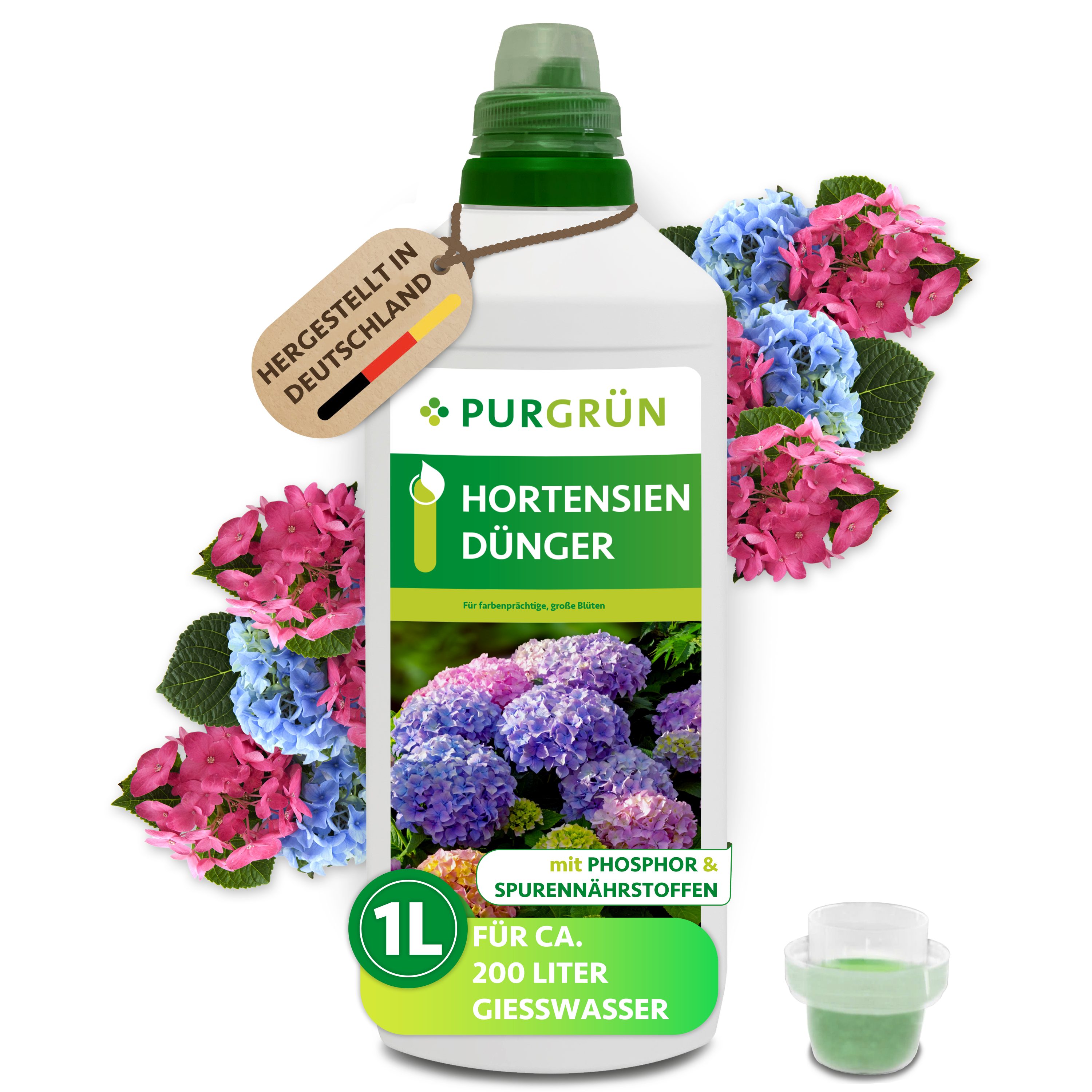 Purgrün Blumendünger Hortensiendünger, NPK 10+8+6, Spurennährstoffe, 1 Liter, Flüssigdünger, 1-St., 1 Liter