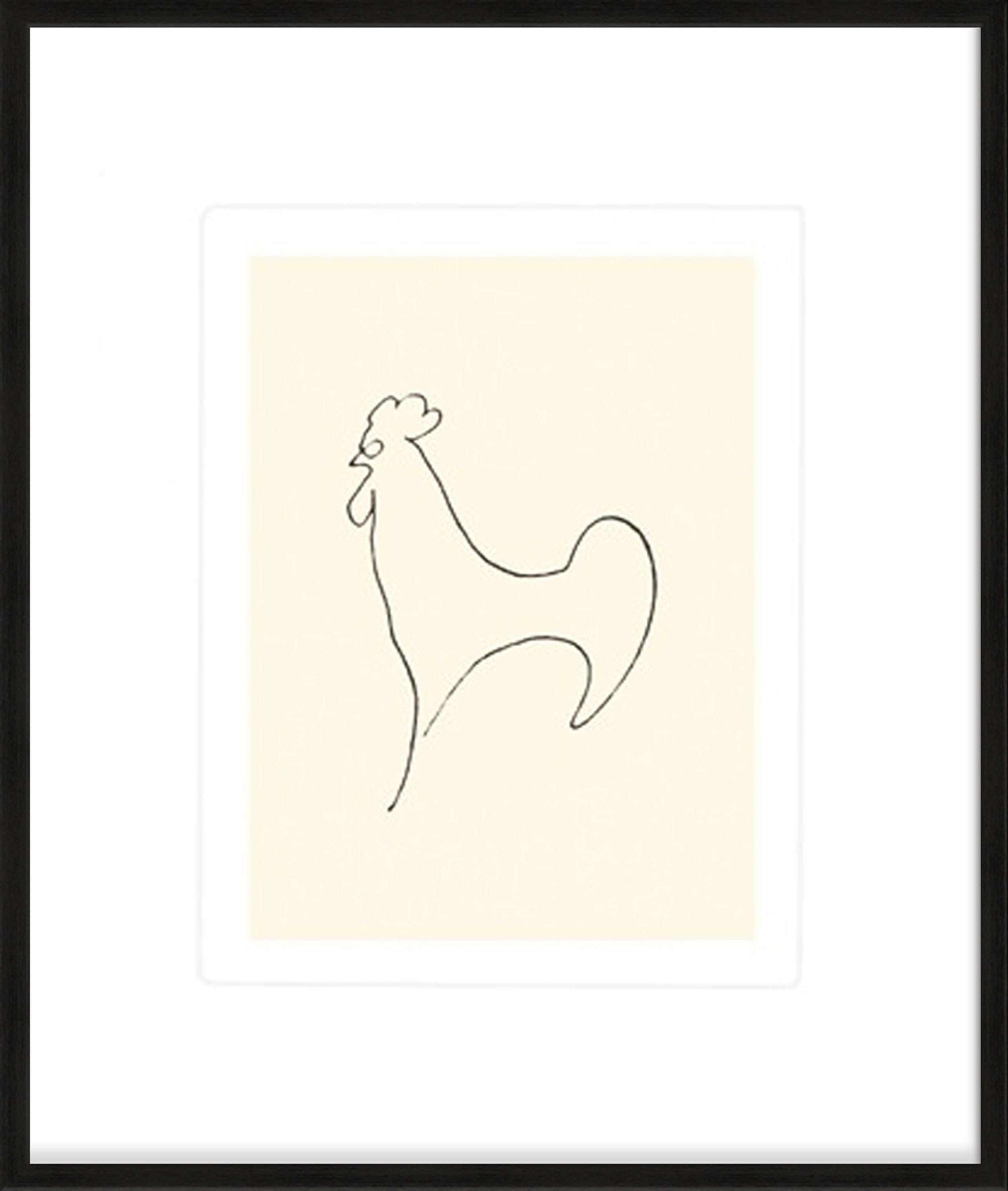 artissimo Bild mit Rahmen gerahmter Siebdruck 53x63 cm / schwarz-weiß Zeichnung / Tiere, Pablo Picasso: Der Hahn/ Coq-Detail/ Cock