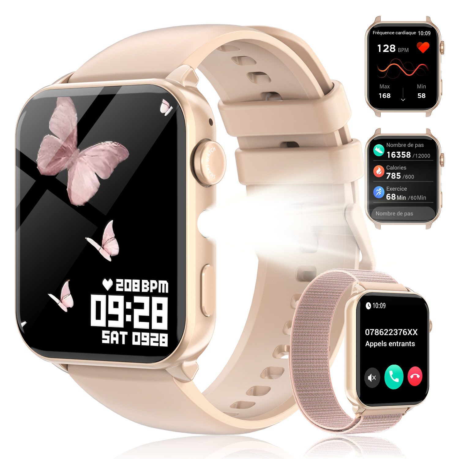 blackview Smartwatch Herren Damen, LED-Leuchte, 350mAh (6 Tage), 2 Armbänder Smartwatch (1.91 Zoll, iOS/Android), mit Wechselband aus weichemSilikon und Ladekabel, Antwort & Anruf tätigen,Herzfrequenz,Schlafmonitor,SpO2,Schritten,IP68