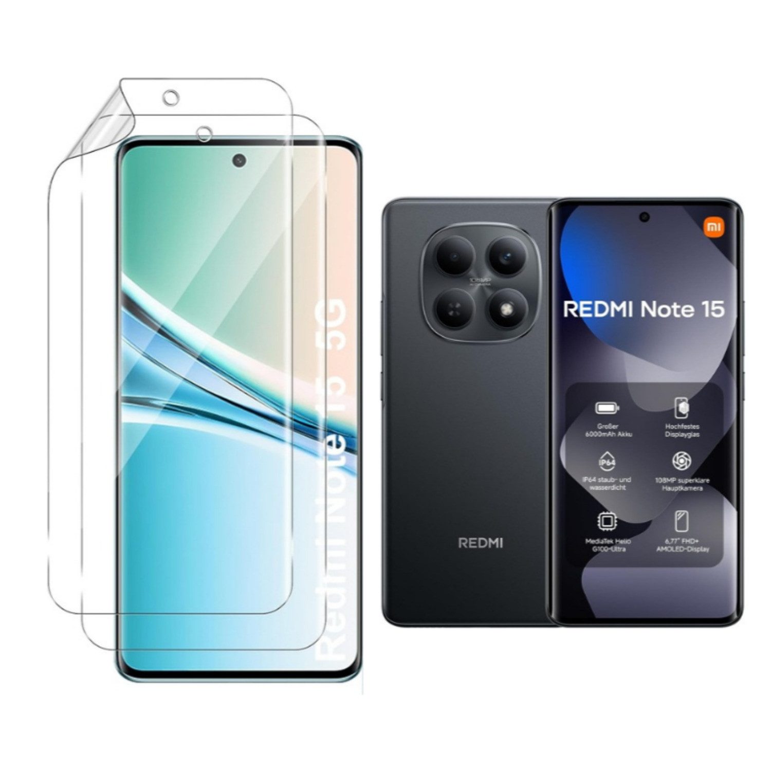 CLM-Tech Displayschutzfolie 2X für Xiaomi Redmi Note 15 5G 6,77 Zoll, TPU Folie - Anti-Fingerabdruck und kratzfest -, 2 Stück, Anti-Fingerabdruck