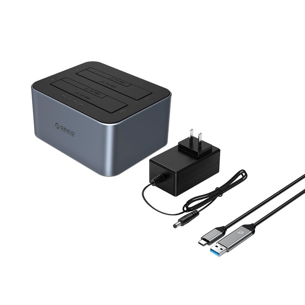 ORICO Festplatten-Dockingstation Festplattendock Klonstation SSD-Dock, (Spar-Set, 1 St., 14 x 12 x 7 cm kompakt), Offline-Klonen, 2 Schächte, USB-C 5 Gbit/s, bis 44 TB