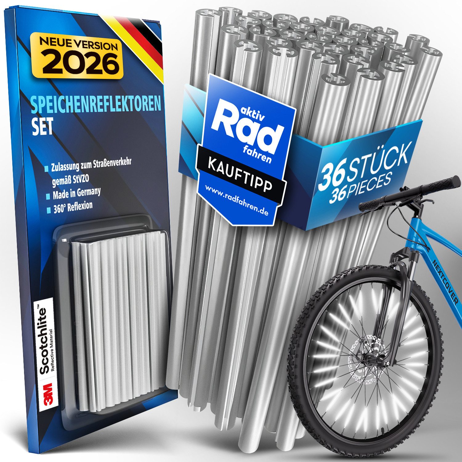 Nextcover Fahrradreflektor Speichenreflektoren mit 3M Scotchlite, silber, zum Aufclipsen, (36 St)