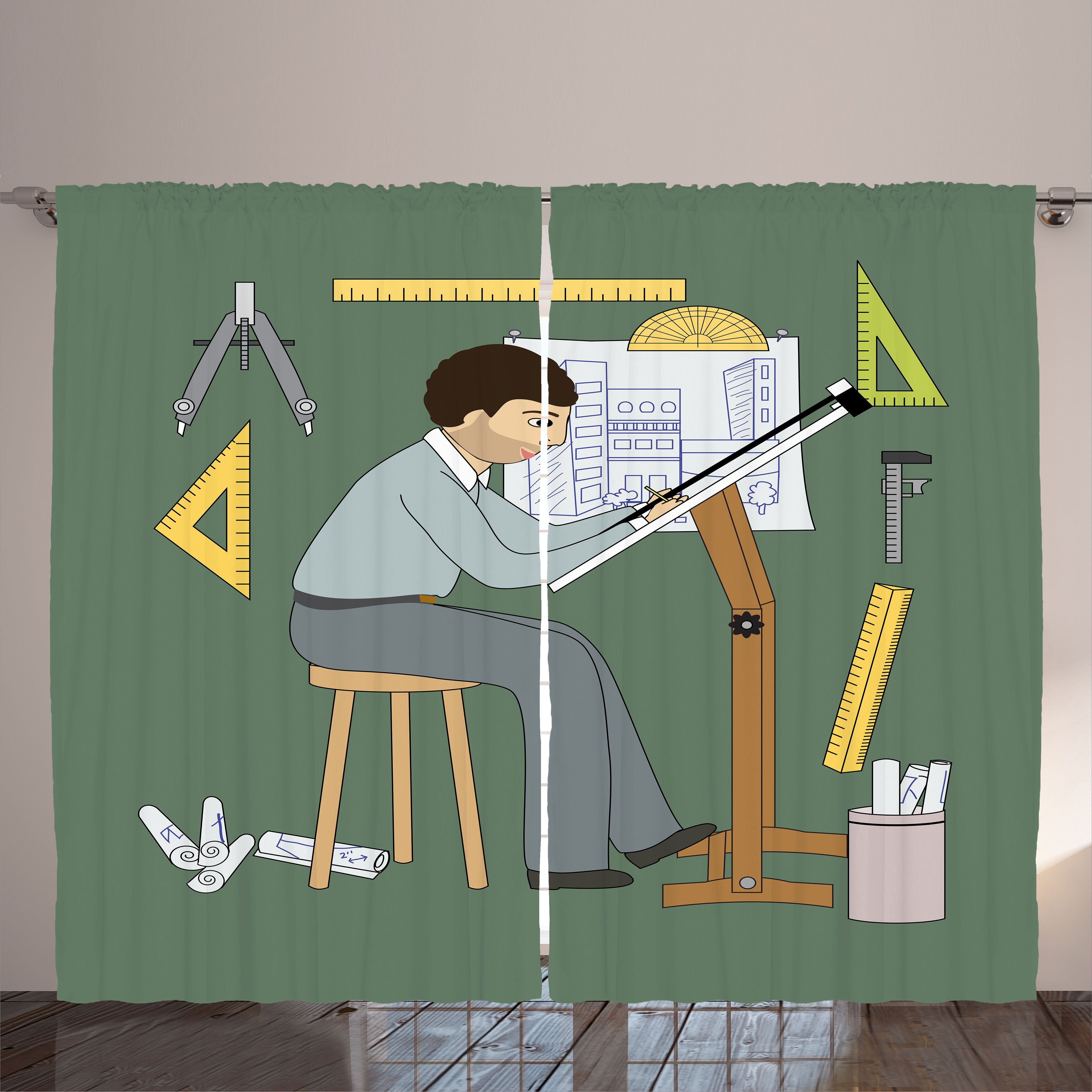 Gardine Schlafzimmer Kräuselband Vorhang mit Schlaufen und Haken, Abakuhaus, Engineering-Thema Architekt Mann