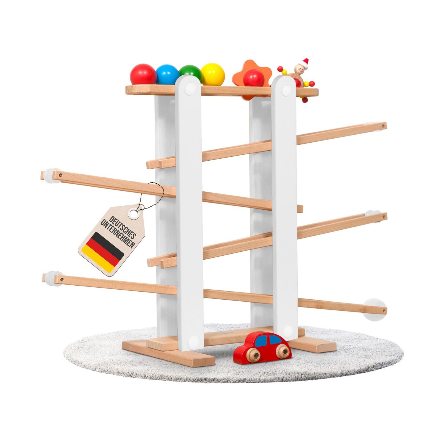 Coemo Kugelbahn, (8-tlg), Holzkugelbahn mit 7 mobilen Teilen Murmelbahn Motorik Spielzeug