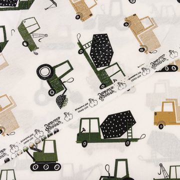 SCHÖNER LEBEN. Stoff Baumwollstoff Popeline Kinderstoff Baufahrzeuge weiß grün 1,50m, allergikergeeignet