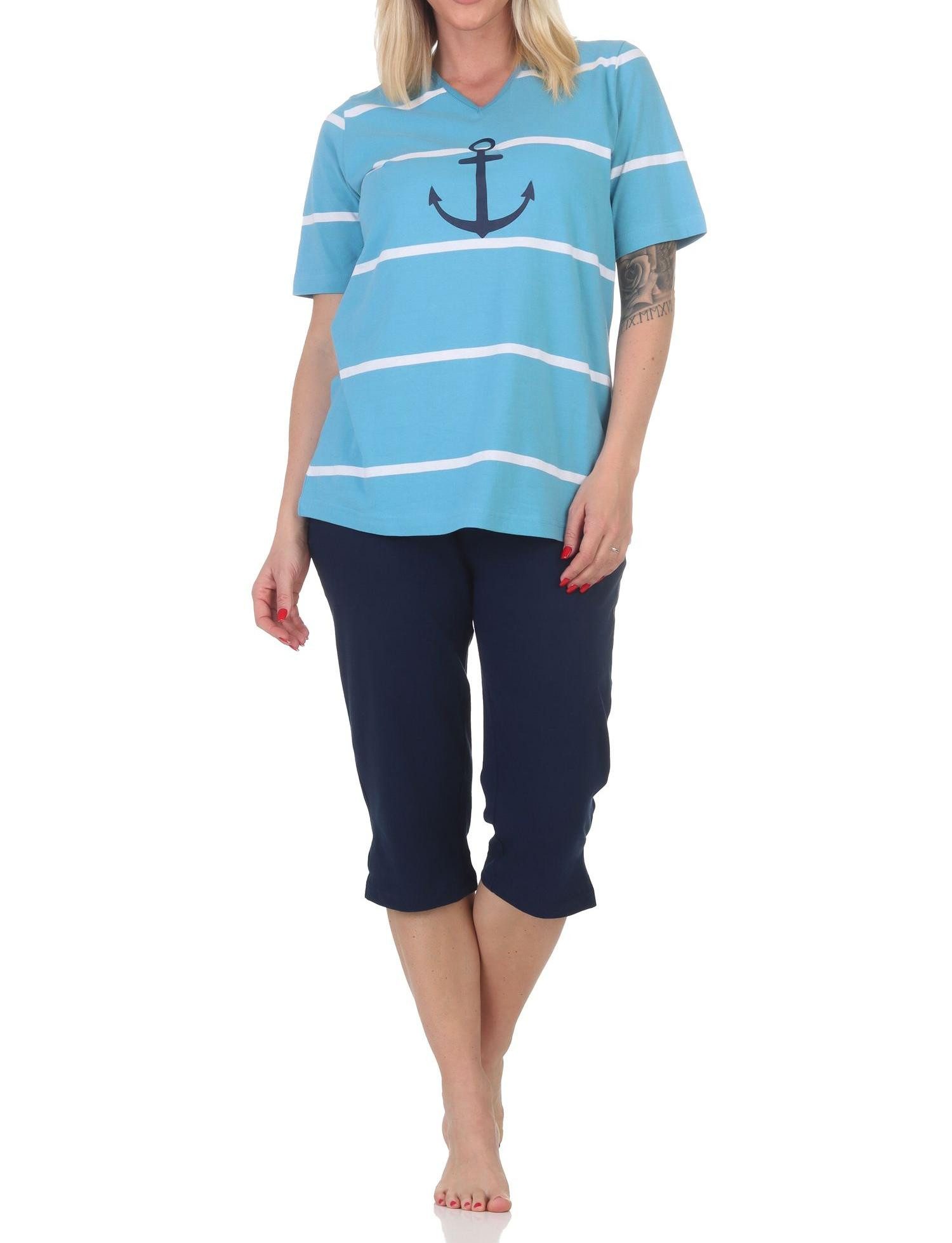 Normann Pyjama Maritimer Damen kurzarm Capri Schlafanzug mit Anker Motiv