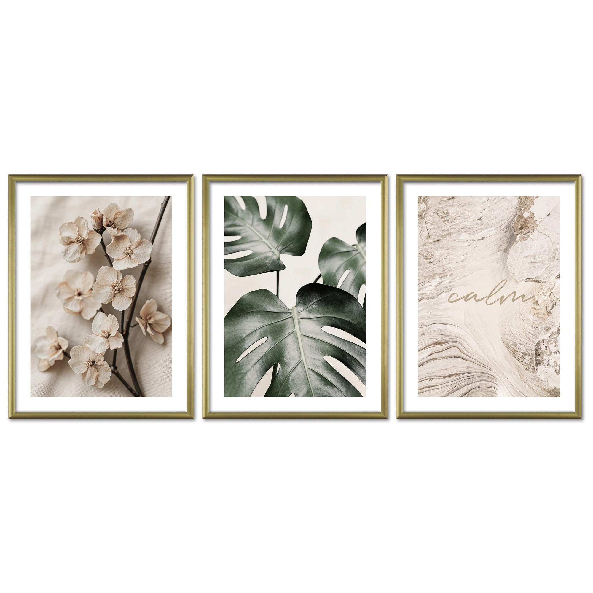 ARTFAVES Bilder-Collage Poster Set Beige Green Calmness Trio I mehrteilige Bilderwand I Wandbi, (Wandbilder modern, 3 St)