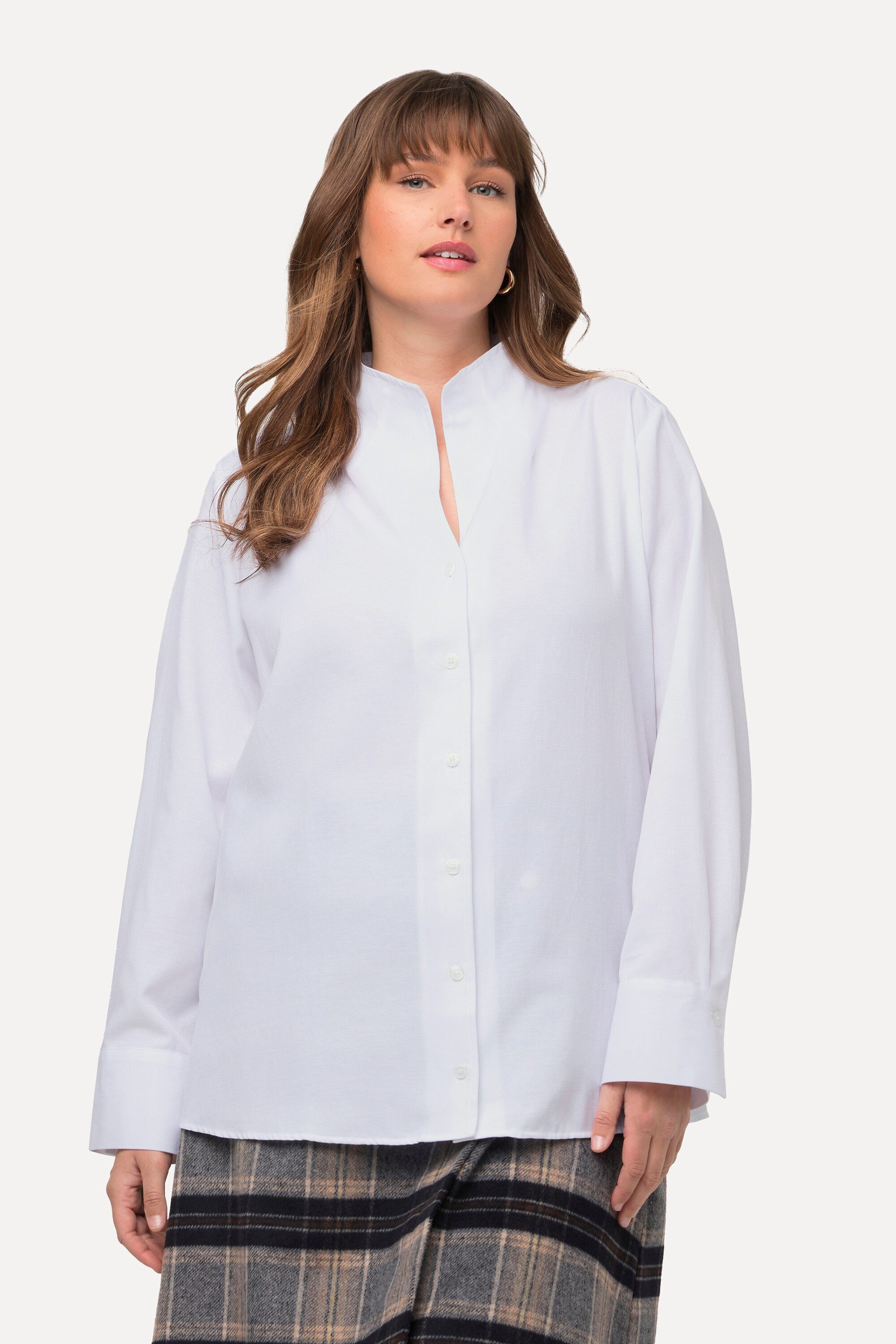 Ulla Popken Longbluse Bluse Oxford-Gewebe Kelchkragen Langarm günstig online kaufen