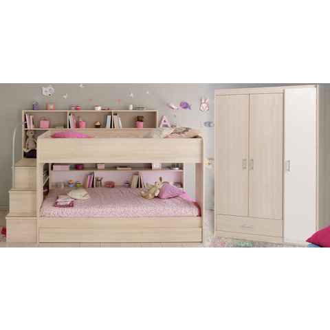 Faizee Möbel Hochbett Kinderbett Bibop +3trg Kleiderschrank+Regale+Leiter+Bettschubkasten (2-St)
