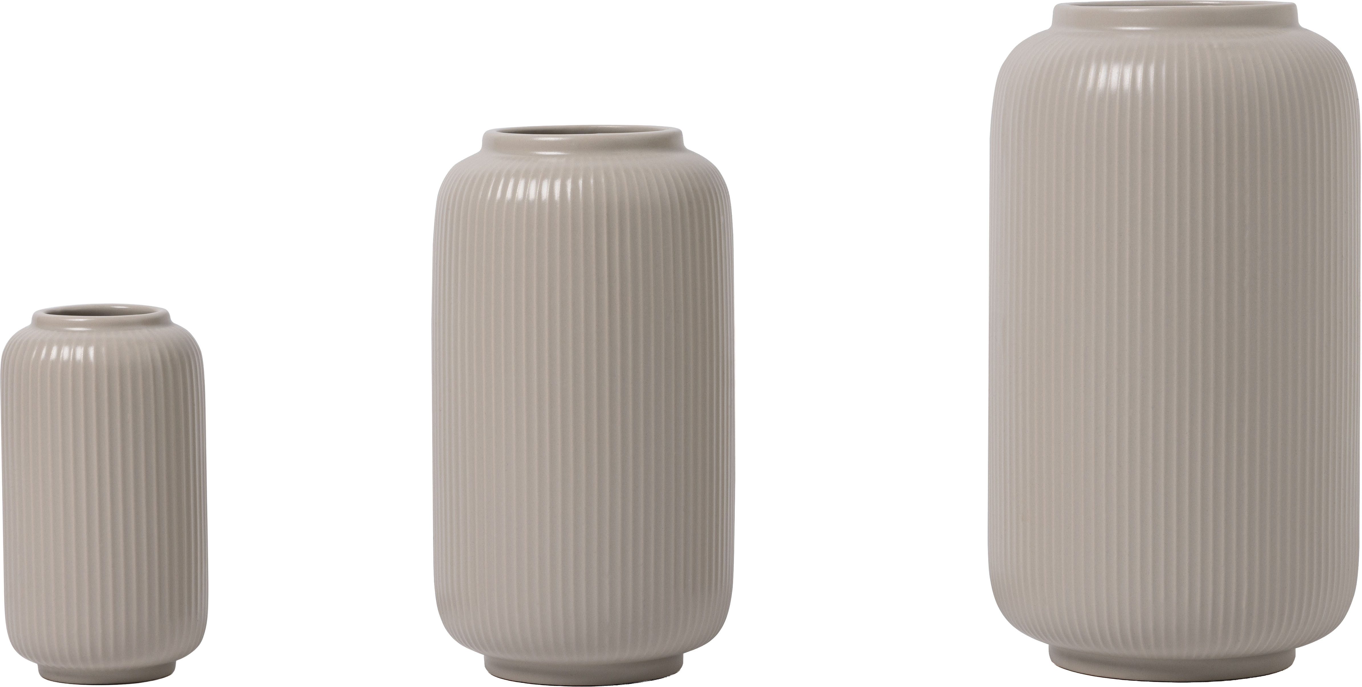 OTTO home Tischvase Ylvii, innen vollständig glasiert und wasserundurchlässig (Set, 3 St., Maße: 12x22cm, 10x18cm und 6,5x12cm, vertikal gerippte Struktur), Vasen aus Keramik, uni matt oder mit glänzender, Effektglasur