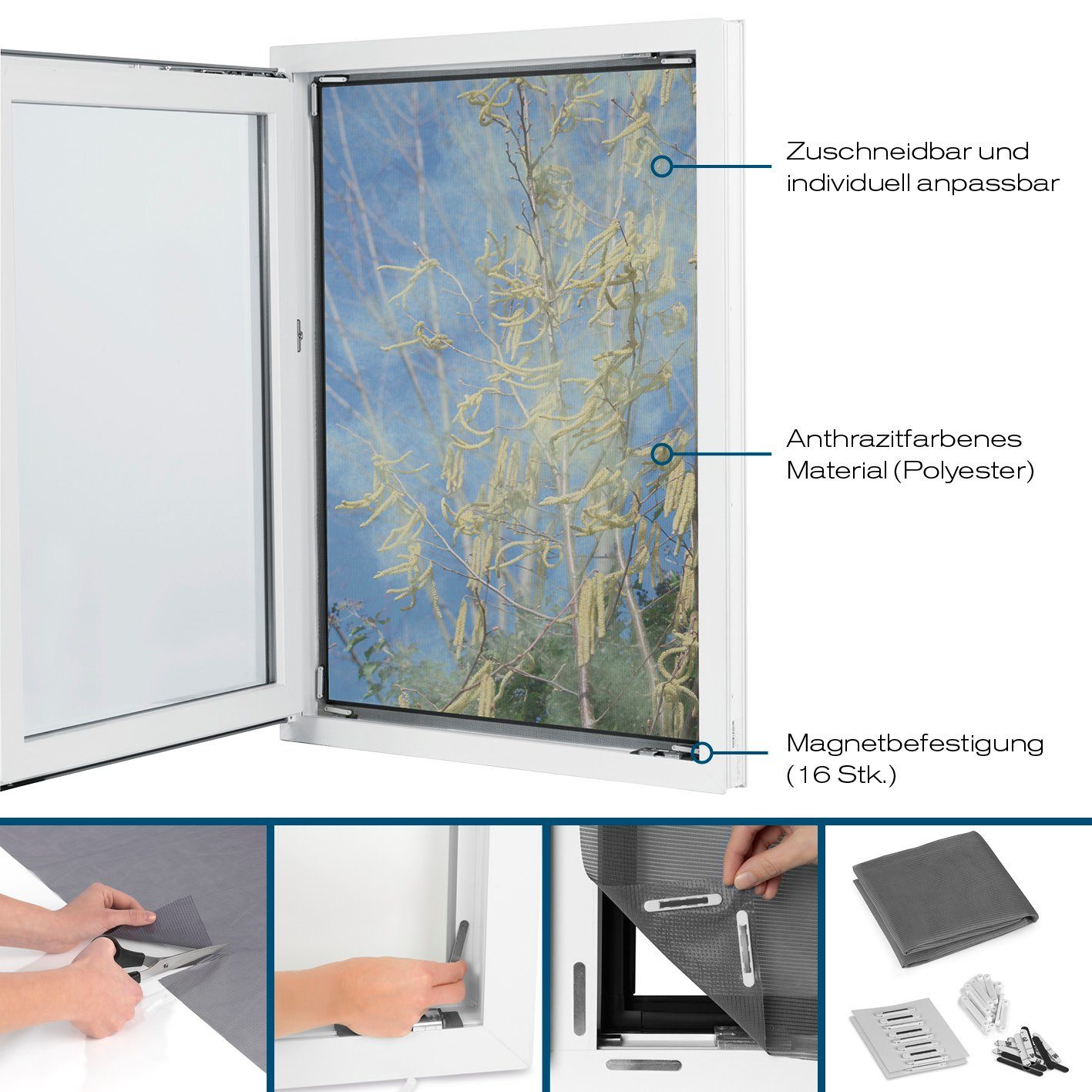 zuschneidbar inkl. Hoberg & Pollenschutz 150x130cm, Moskitonetz Insektenschutz-Fensterrahmen Fliegengitter magnetisch