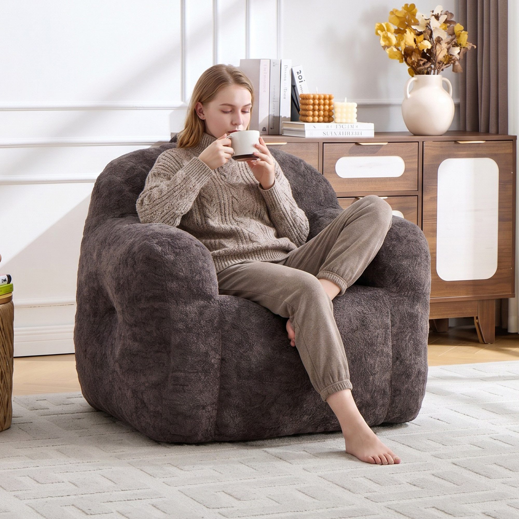 Vankel Relaxliege Sofas Wohnzimmer Loungesessel aus Chenille-Kunstfell weich, Bean Bag Sessel mit Schaumstoffflocken und ohne Montage