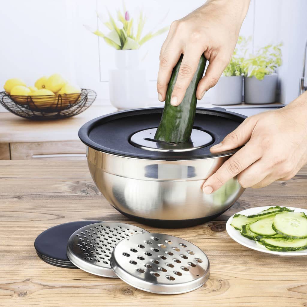 HI Dekoschale Salatschüssel mit Deckel und 3 Reiben Edelstahl