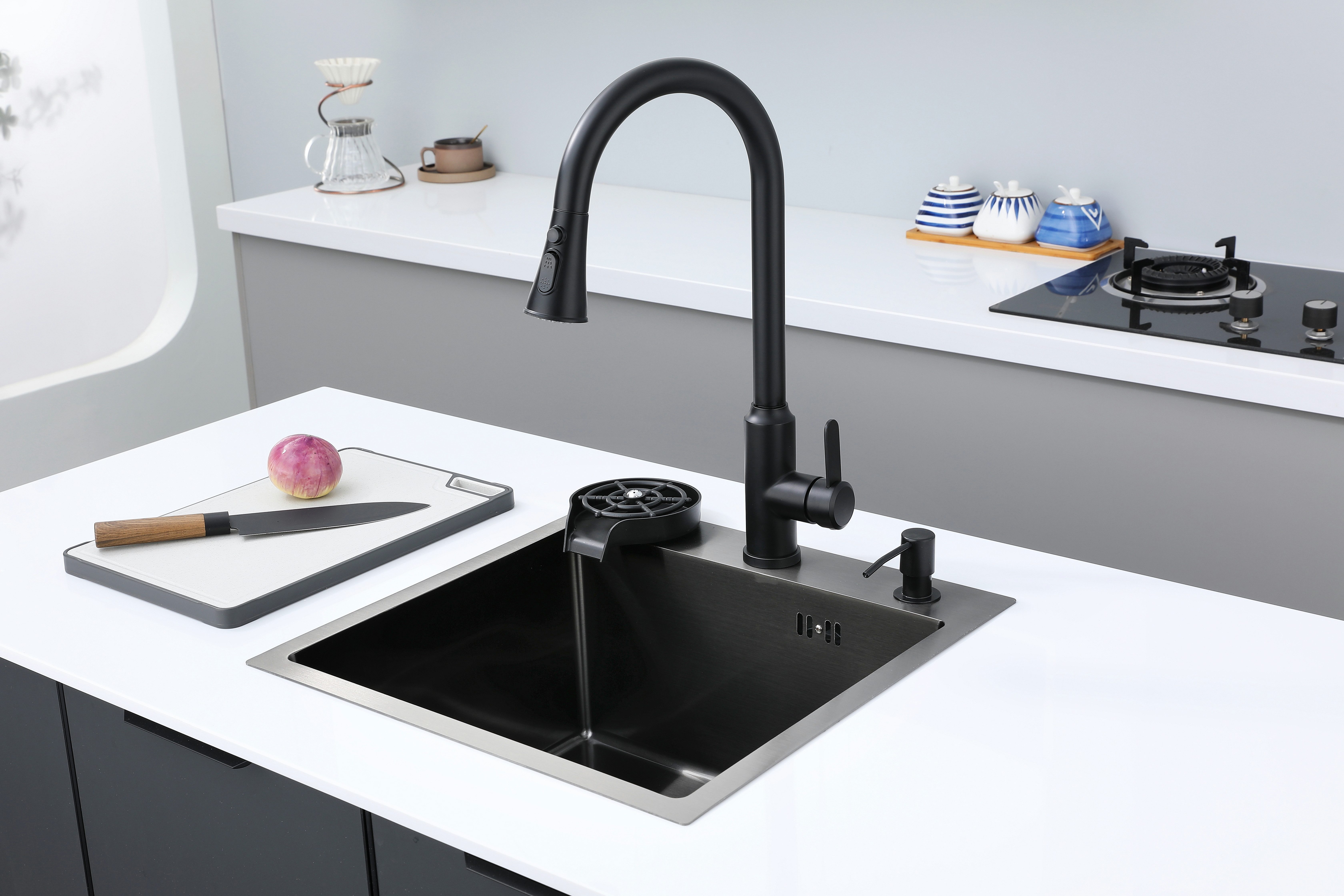 Faizee Home Stainless Steel Kitchen Sink, Black, with Wave Faucet & Accessories, 45 x 45 x 21.5 cm