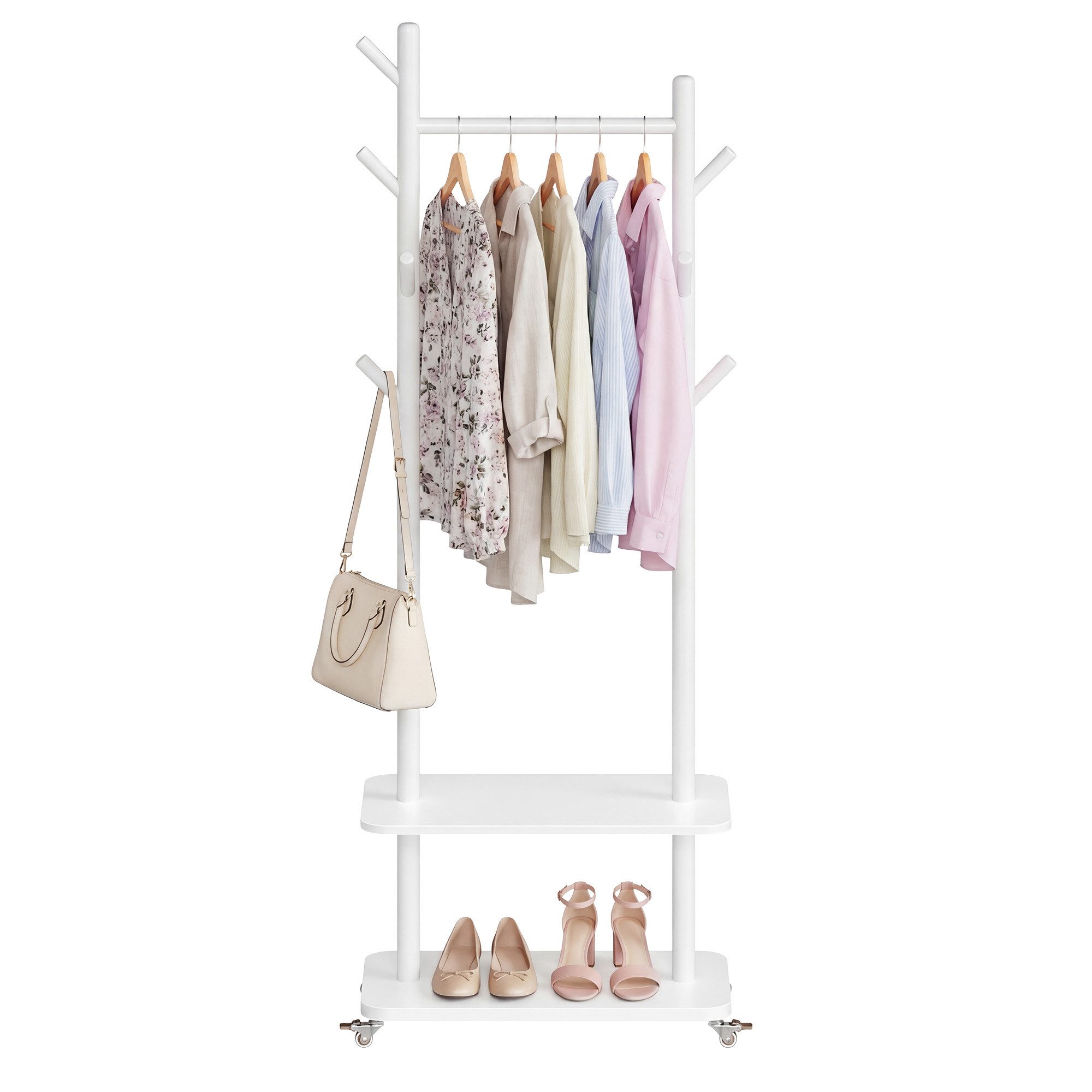 VASAGLE Garderobenständer Kleiderständer, Flur, Schlafzimmer, Wohnzimmer, Haken und Stange aus Massivholz