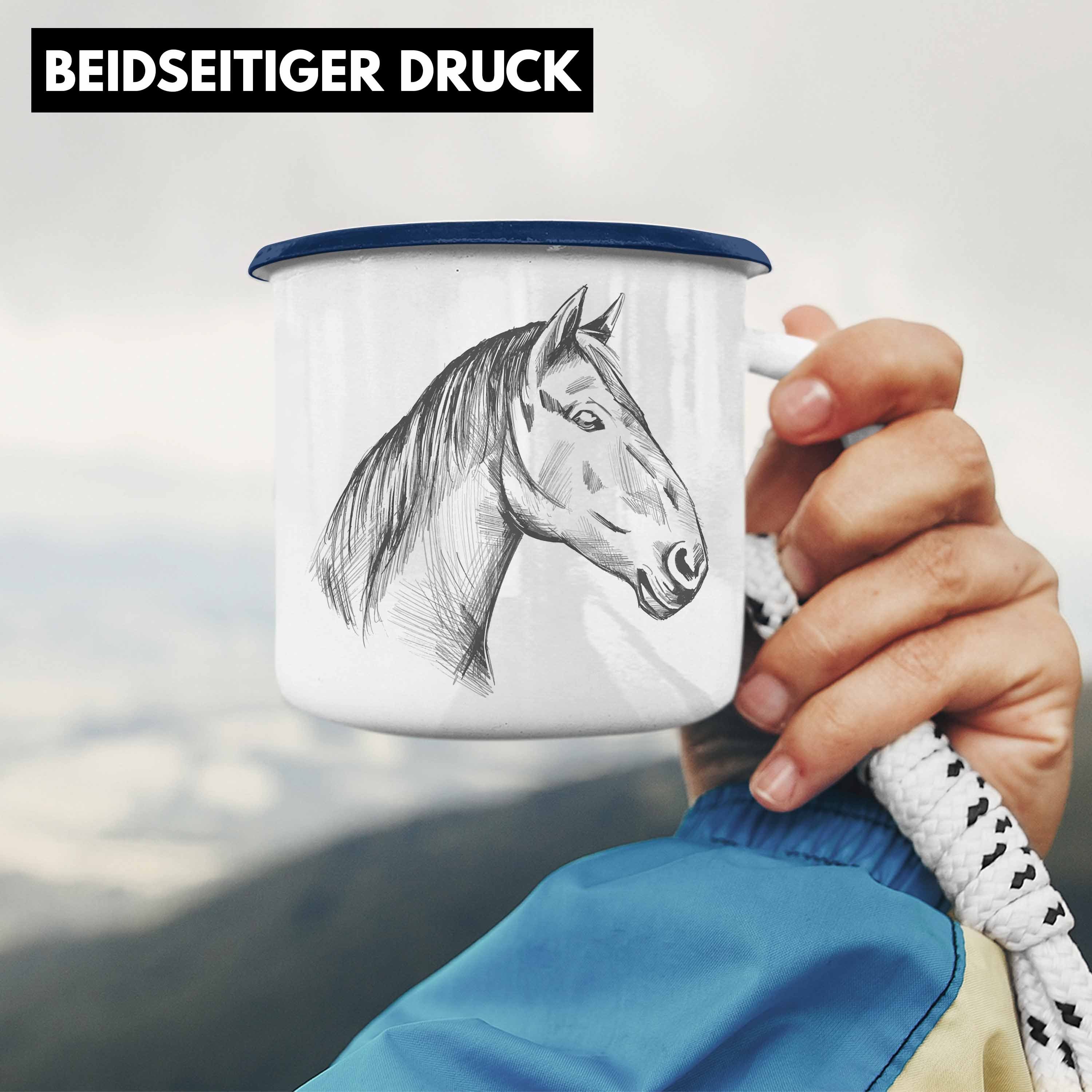 Trendation Thermotasse Trendation - Pferdeliebhaber Mädchen Lustig Reiterin Geschenke Tasse Geschenk Pferde Emaille Blau Pferde