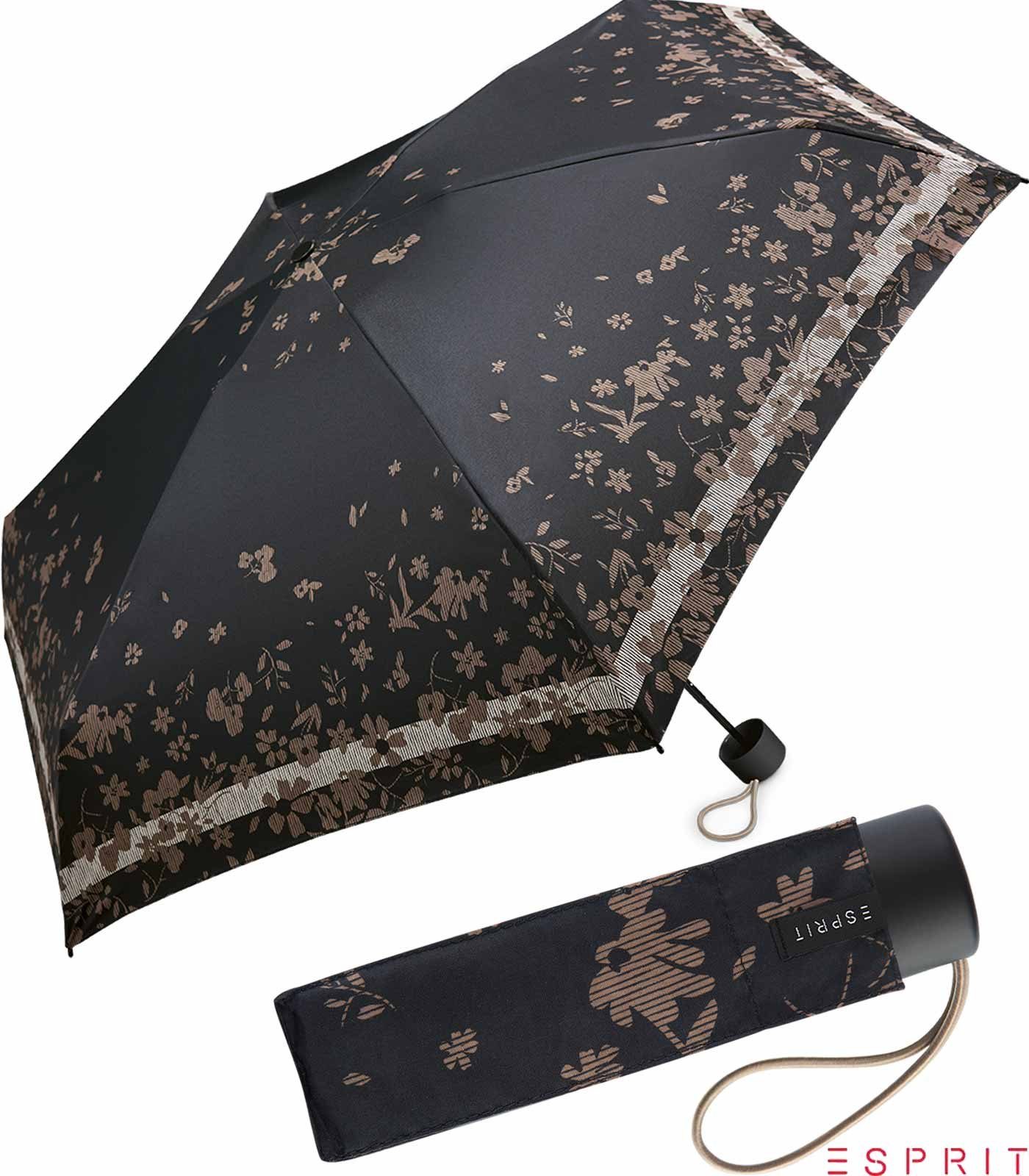 Damen Taschenregenschirm - black, Blumenmuster Esprit winzig Mini Petito Flower mit klein, Super Regenschirm schwarz Poetry