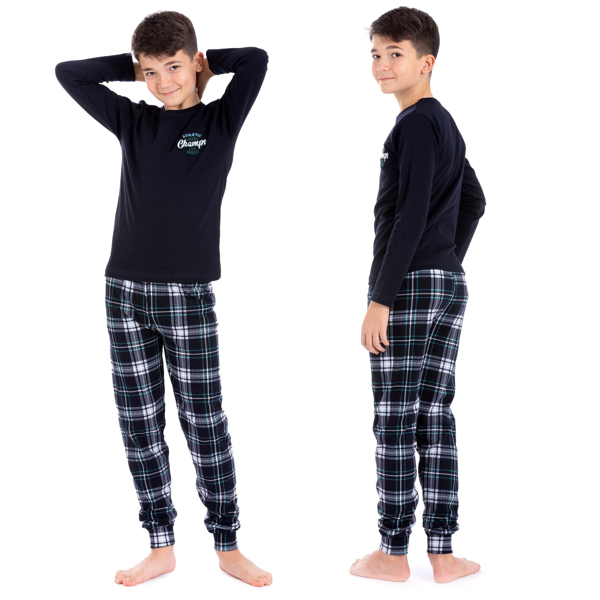 LOREZA Pyjama Jungen Schlafanzug Hausanzug langarm 100% Baumwolle Interlock kariert (Set, 2 tlg)