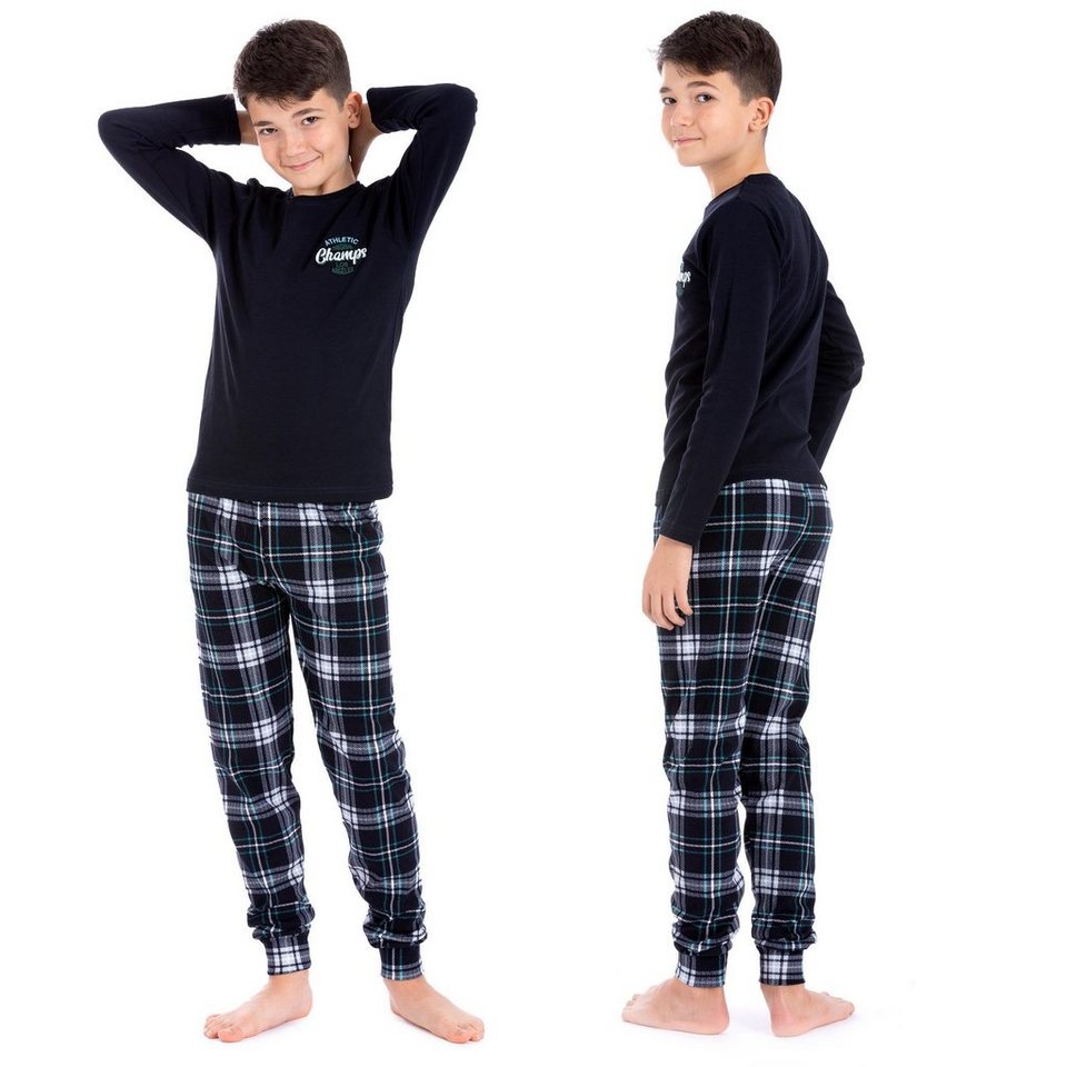 LOREZA Pyjama Jungen Schlafanzug Hausanzug langarm 100% Baumwolle Interlock  kariert (Set, 2 tlg)
