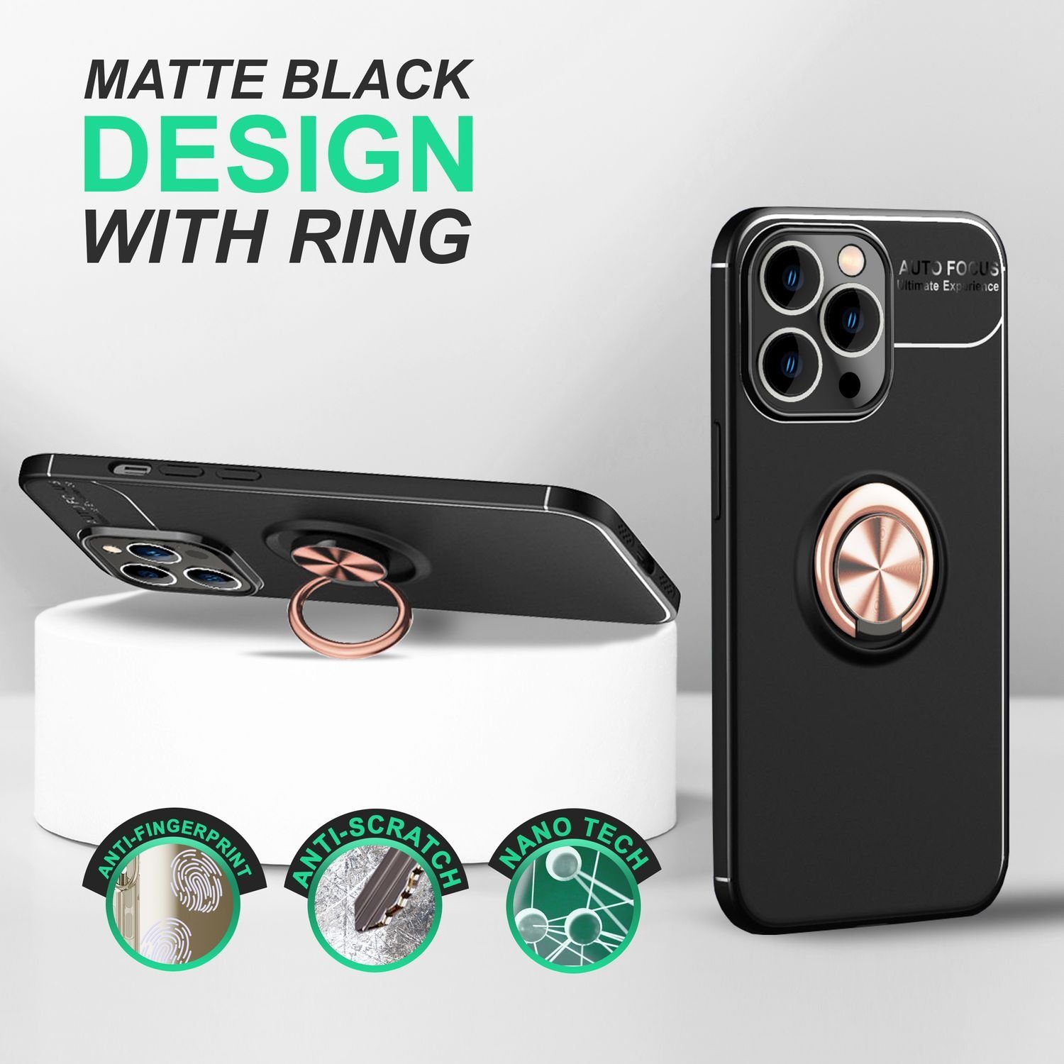 Nalia Smartphone-Hülle Apple iPhone 14 Pro 15,5 cm (6,1 Zoll), Matte Ring Silikon Hülle / 360 Grad Ring / Standfunktion / Rutschfest