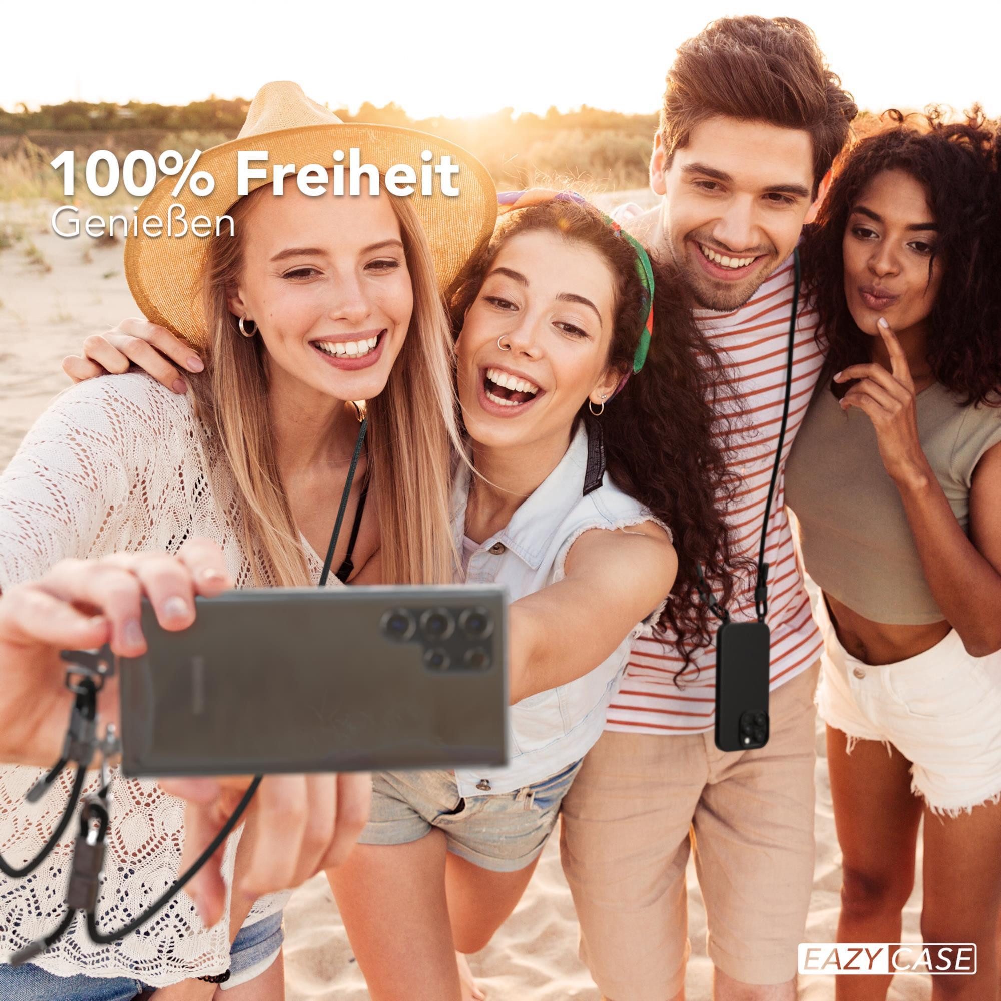 EAZY CASE Handykette Silikonhülle mit Kette für Galaxy S22 Ultra 5G 6,8 Zoll, Ketten Hülle Transparent Case Kettenhülle abnehmbare Kordel Schwarz