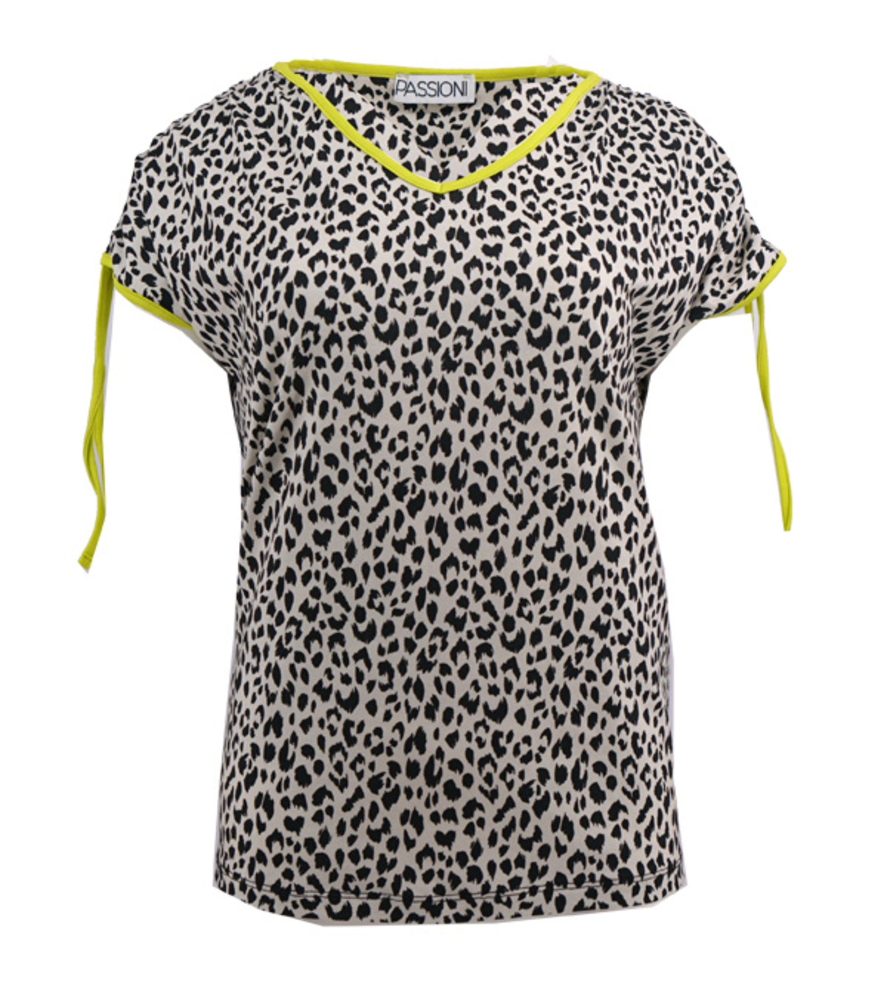 Passioni Print-Shirt Leopardenmuster T-Shirt in Beige mit Lime farbigen Abschlussdetails Leoparden Muster