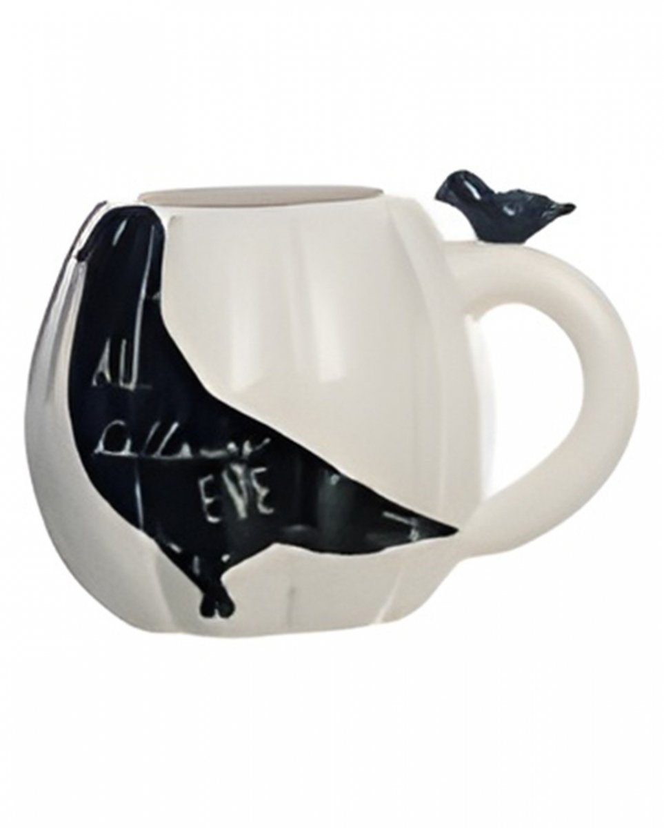 Horror-Shop Geschirr-Set Weiße Halloween Kürbis Tasse mit schwarzer Krähe, Keramik