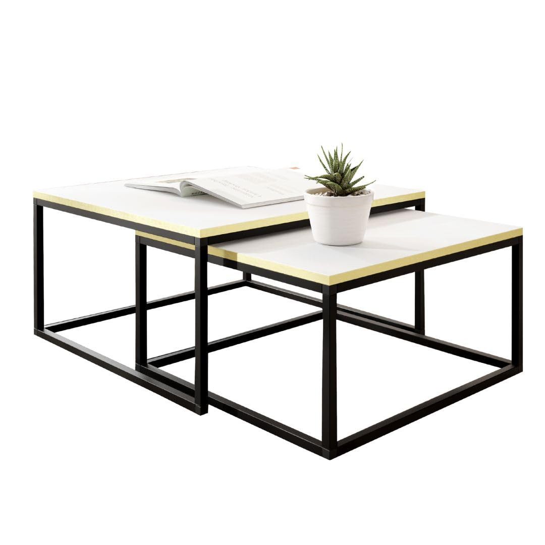 KIER FURNITURE Couchtisch 2er Set - 75x75 und 65x65 cm, Weiß und Goldfarbenes Furnier